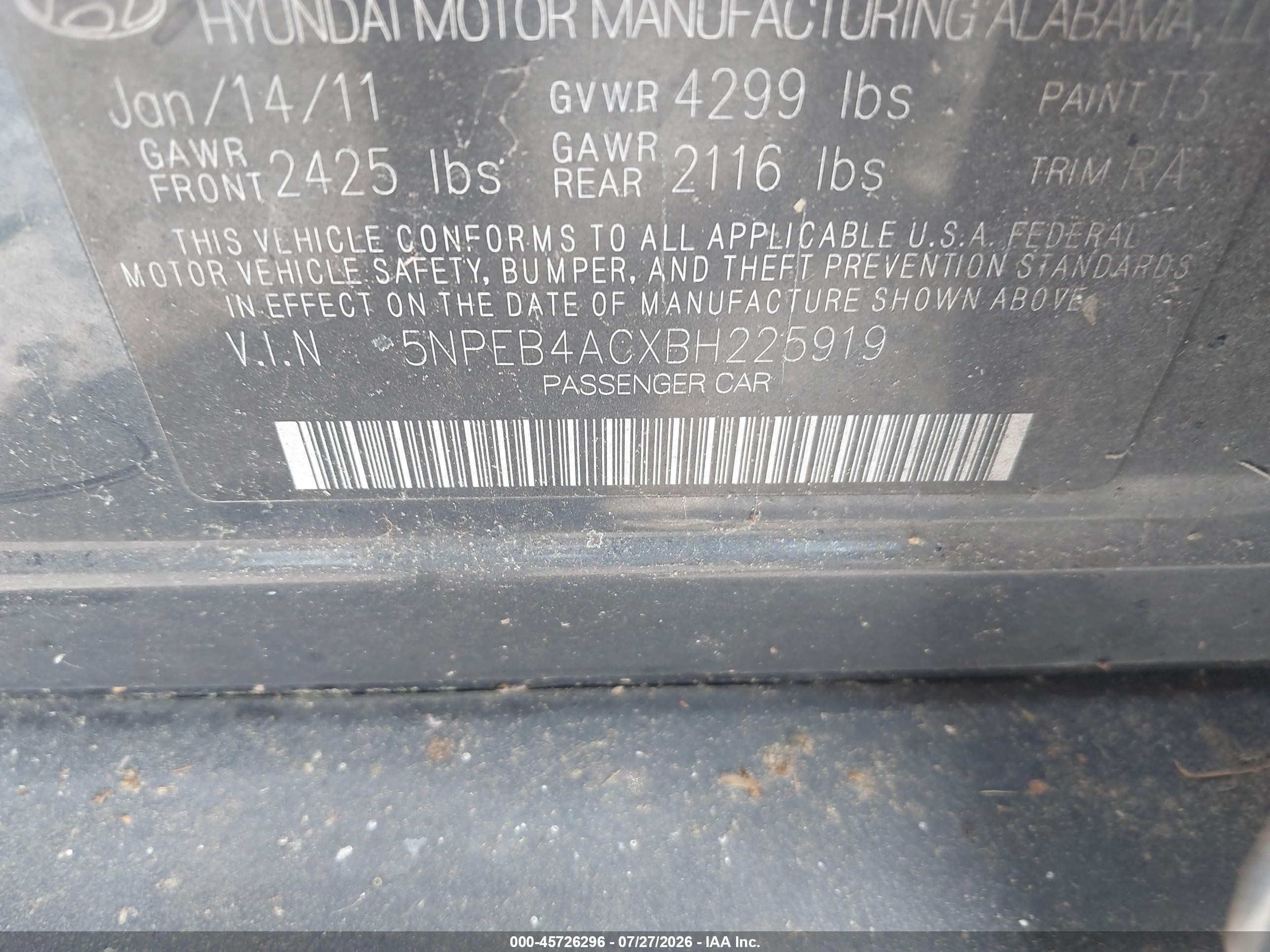 2011 Hyundai Sonata Gls Blue vin: 5NPEB4ACXBH225919