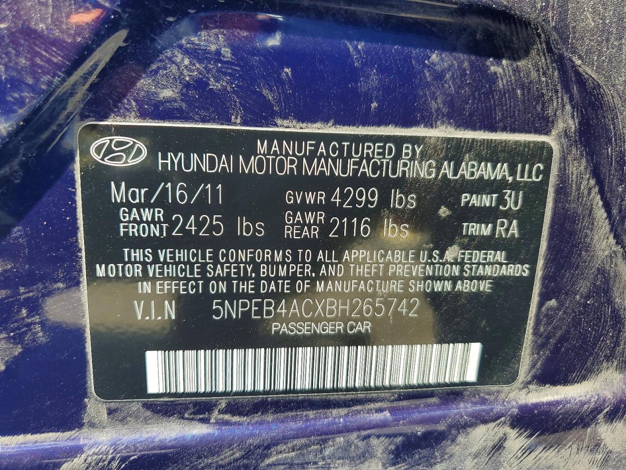 2011 Hyundai Sonata Gls Blue vin: 5NPEB4ACXBH265742