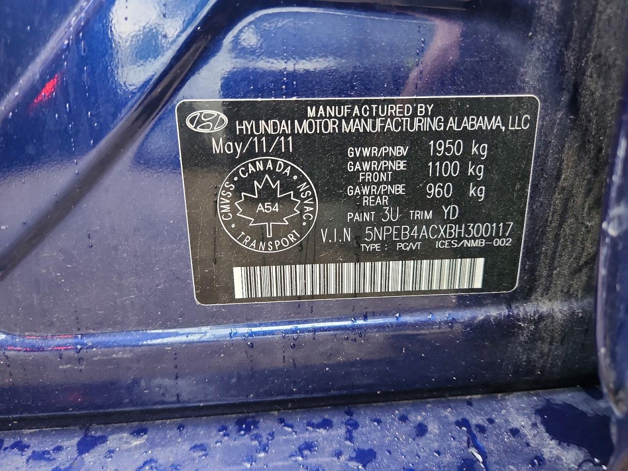 2011 Hyundai Sonata Gls Blue vin: 5NPEB4ACXBH300117