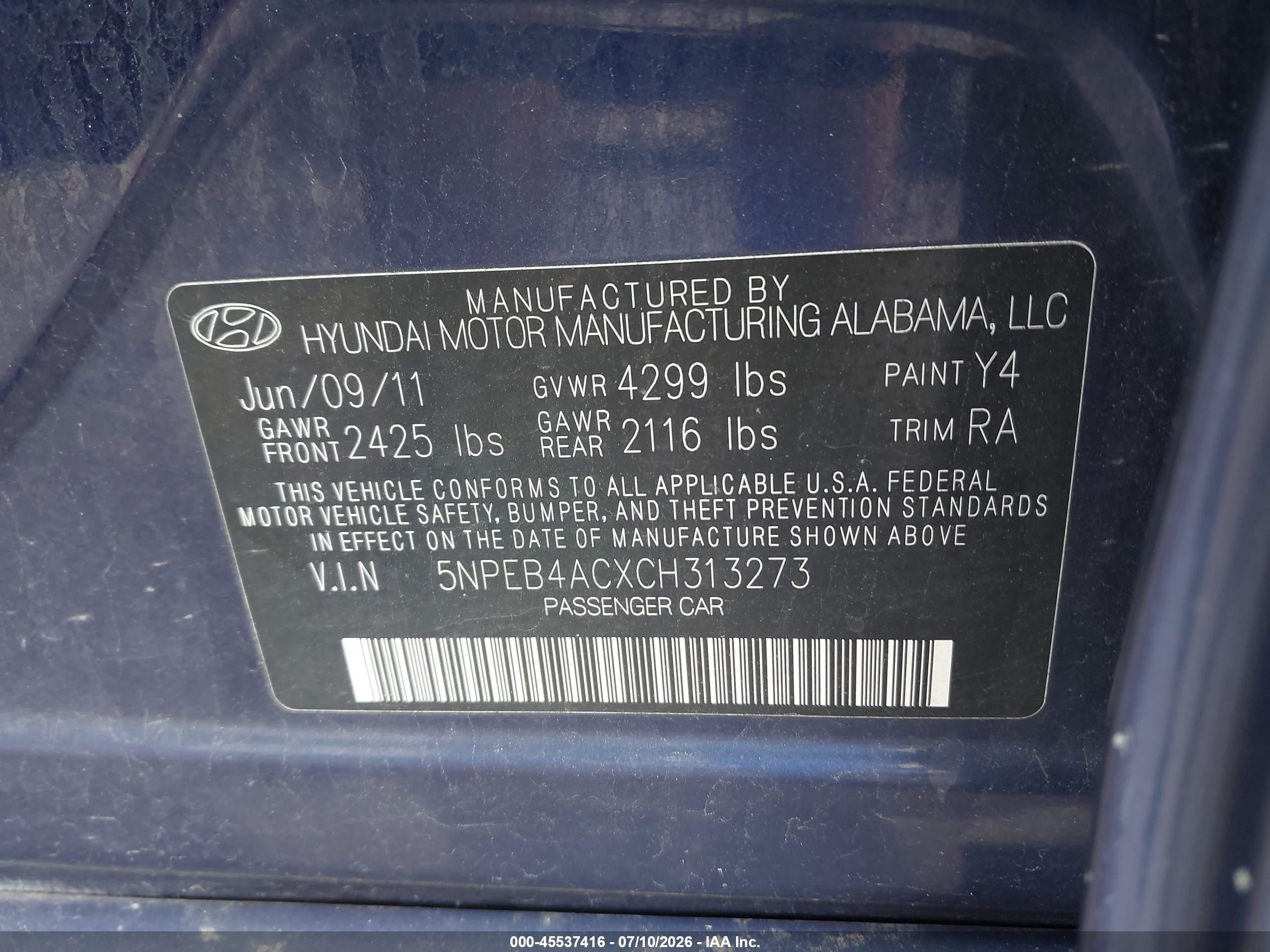 2012 Hyundai Sonata Gls Blue vin: 5NPEB4ACXCH313273