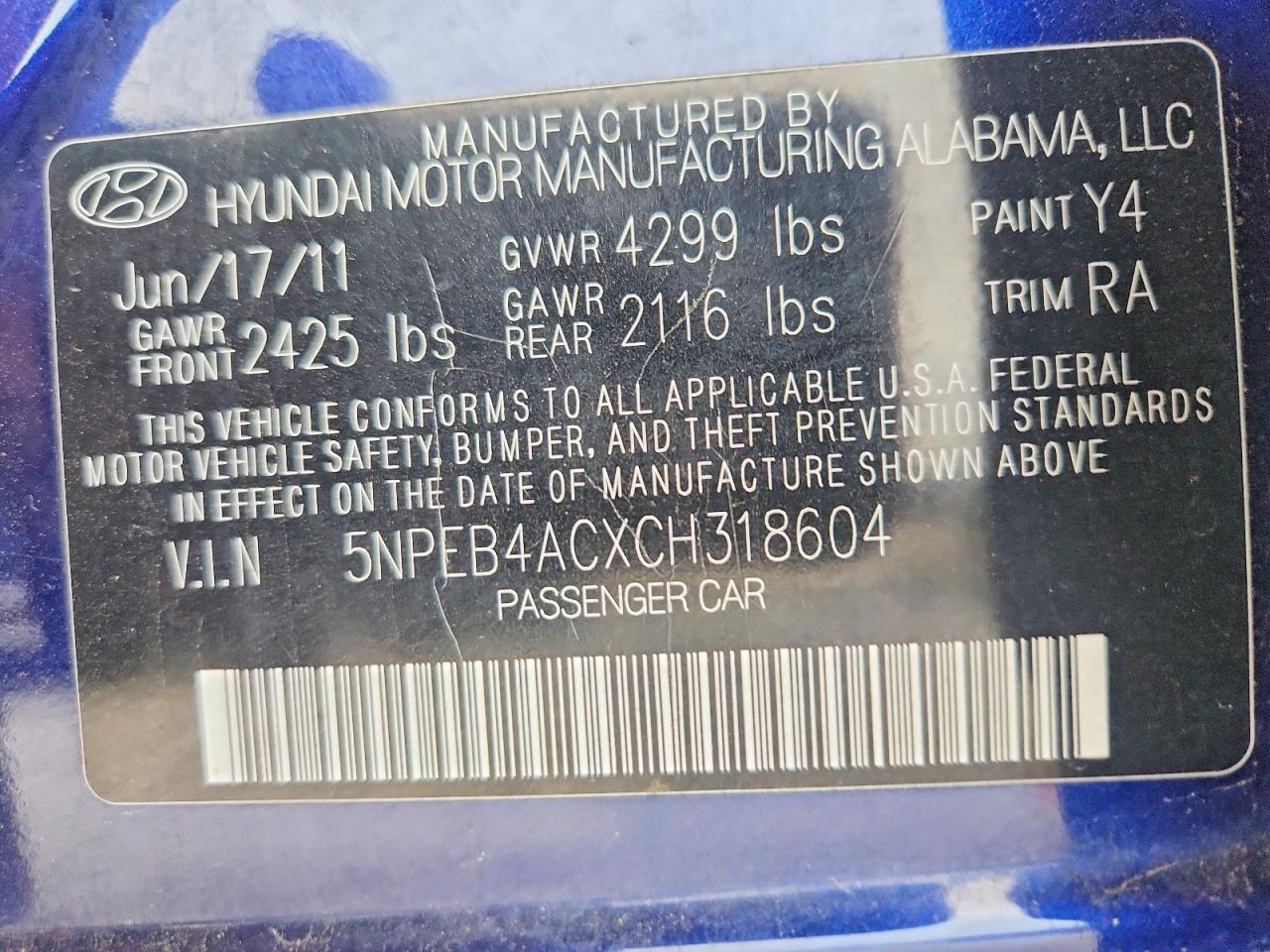 2012 Hyundai Sonata Gls Blue vin: 5NPEB4ACXCH318604