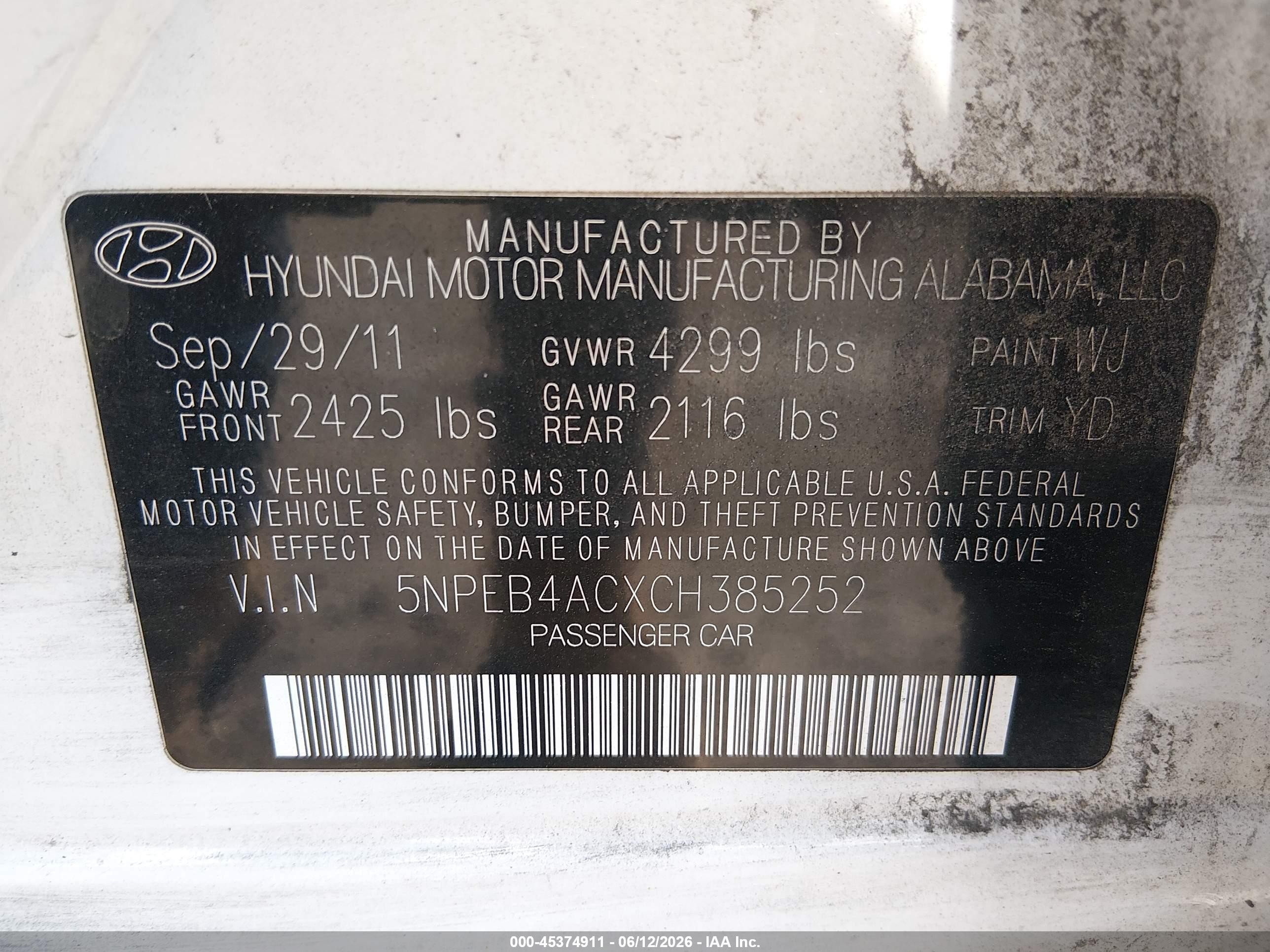 2012 Hyundai Sonata Gls White vin: 5NPEB4ACXCH385252