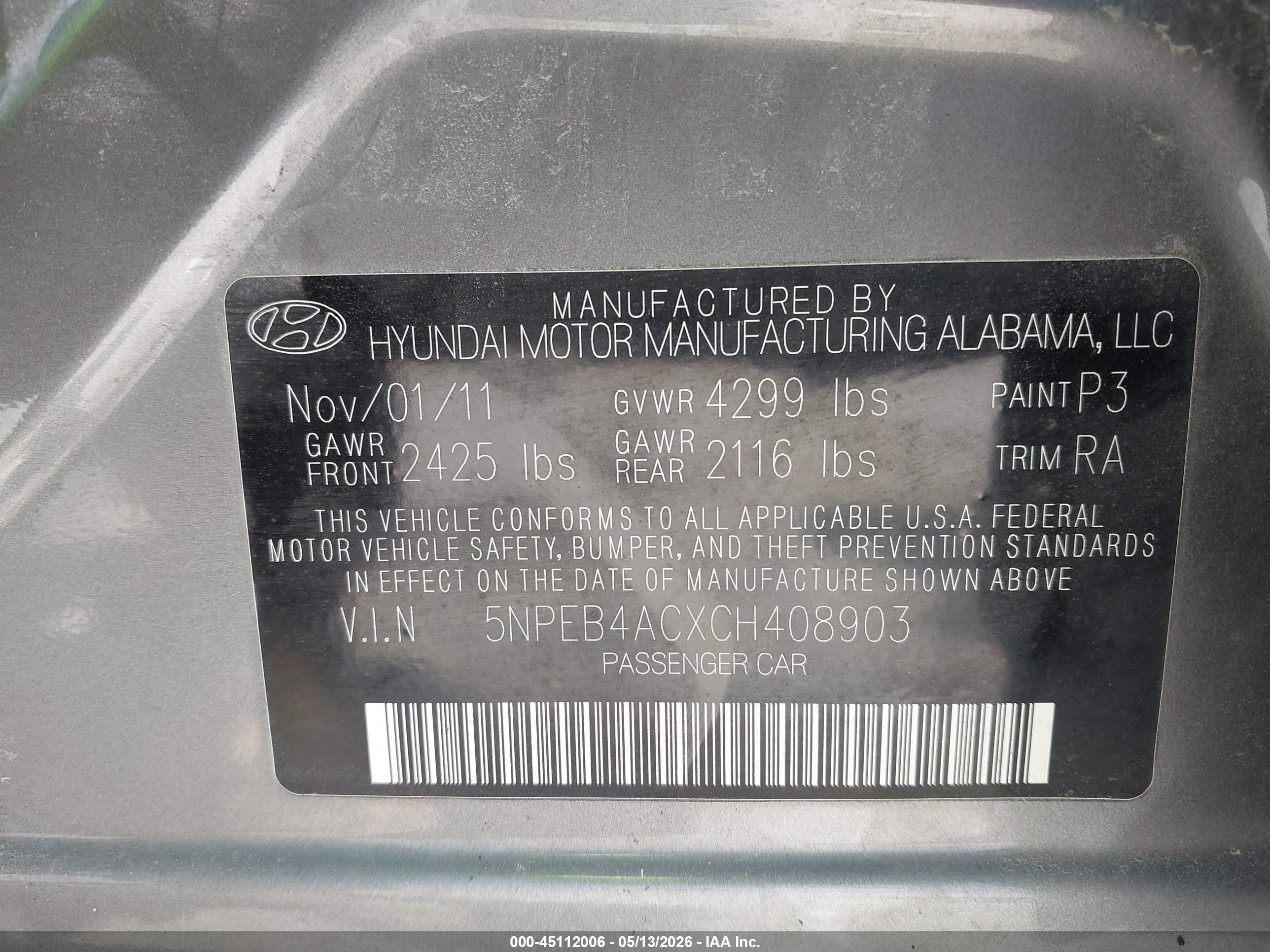 2012 Hyundai Sonata Gls Gray vin: 5NPEB4ACXCH408903