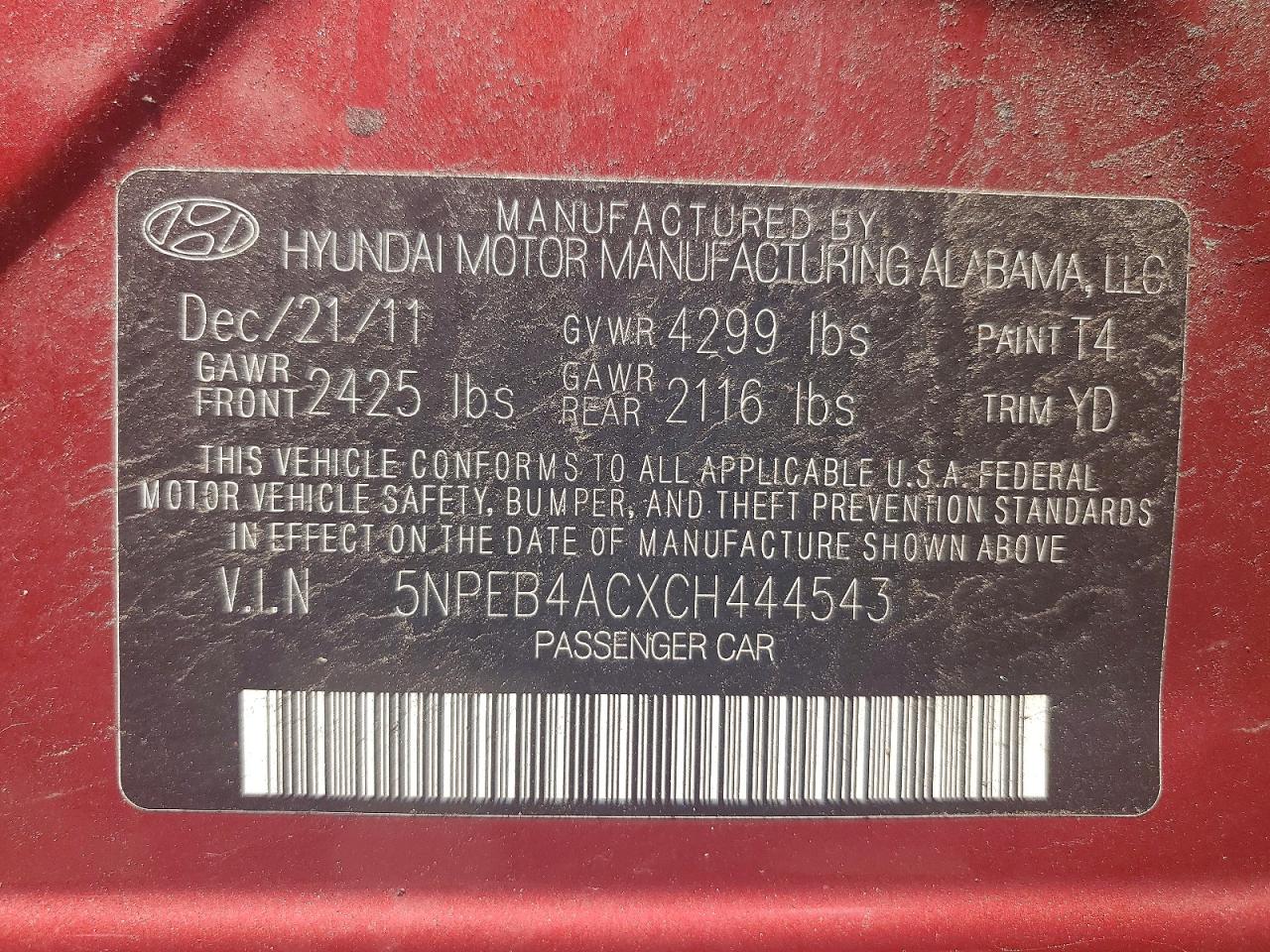 2012 Hyundai Sonata Gls Red vin: 5NPEB4ACXCH444543