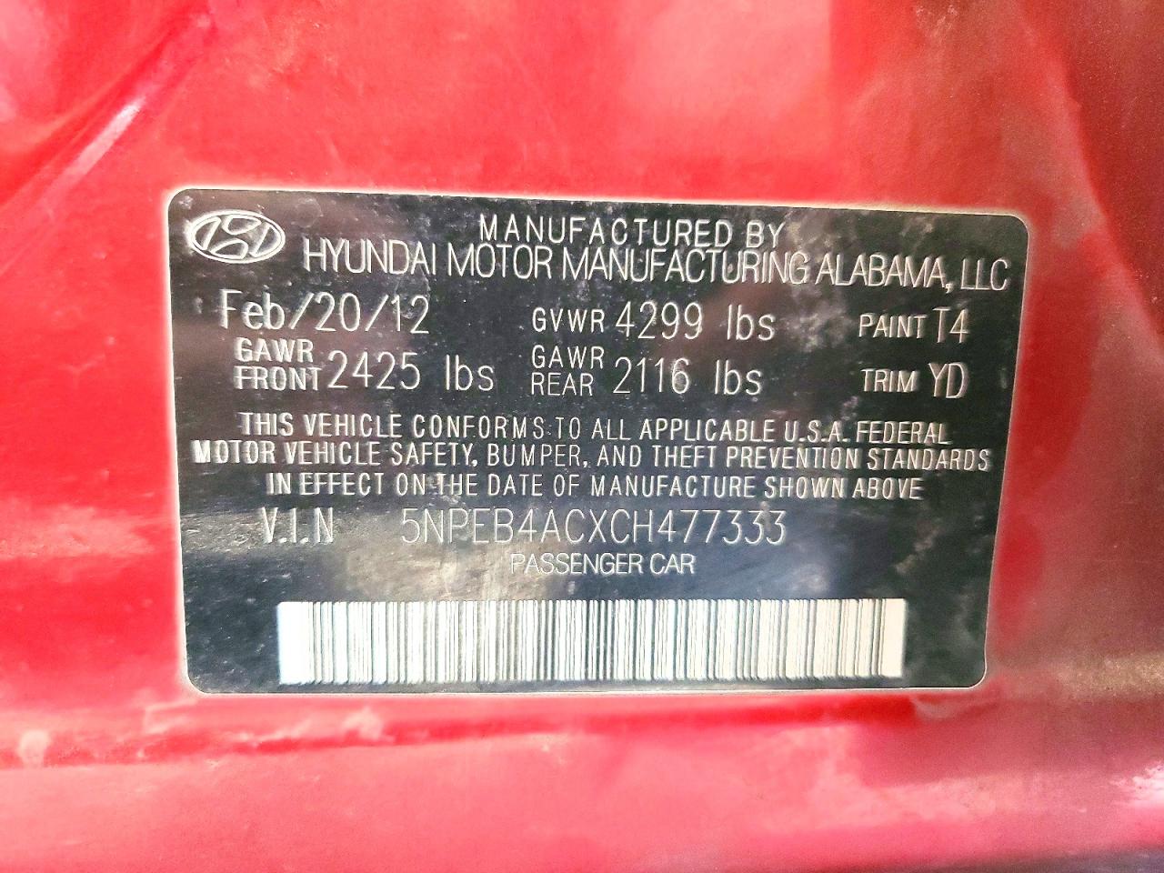 2012 Hyundai Sonata Gls Red vin: 5NPEB4ACXCH477333