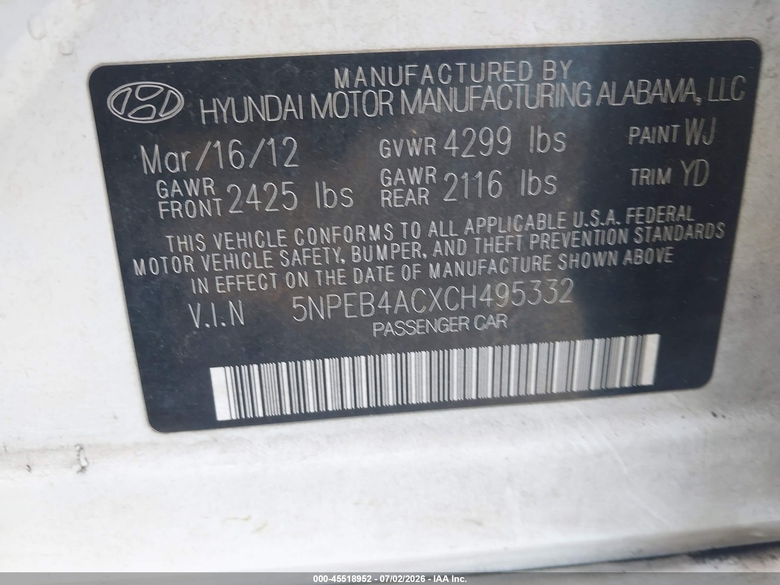 2012 Hyundai Sonata Gls White vin: 5NPEB4ACXCH495332