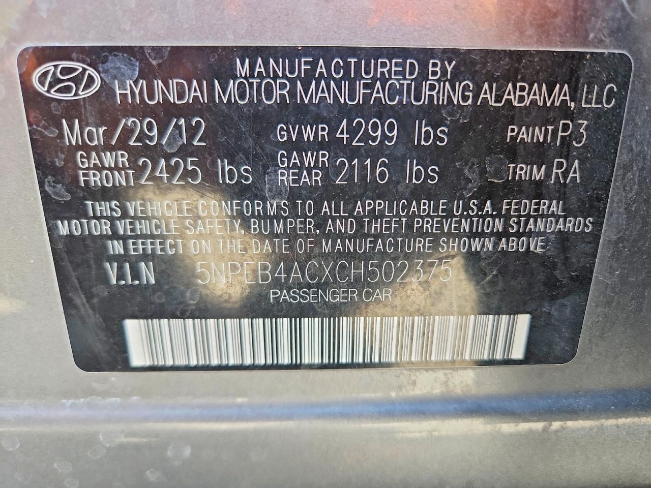 2012 Hyundai Sonata Gls Gray vin: 5NPEB4ACXCH502375