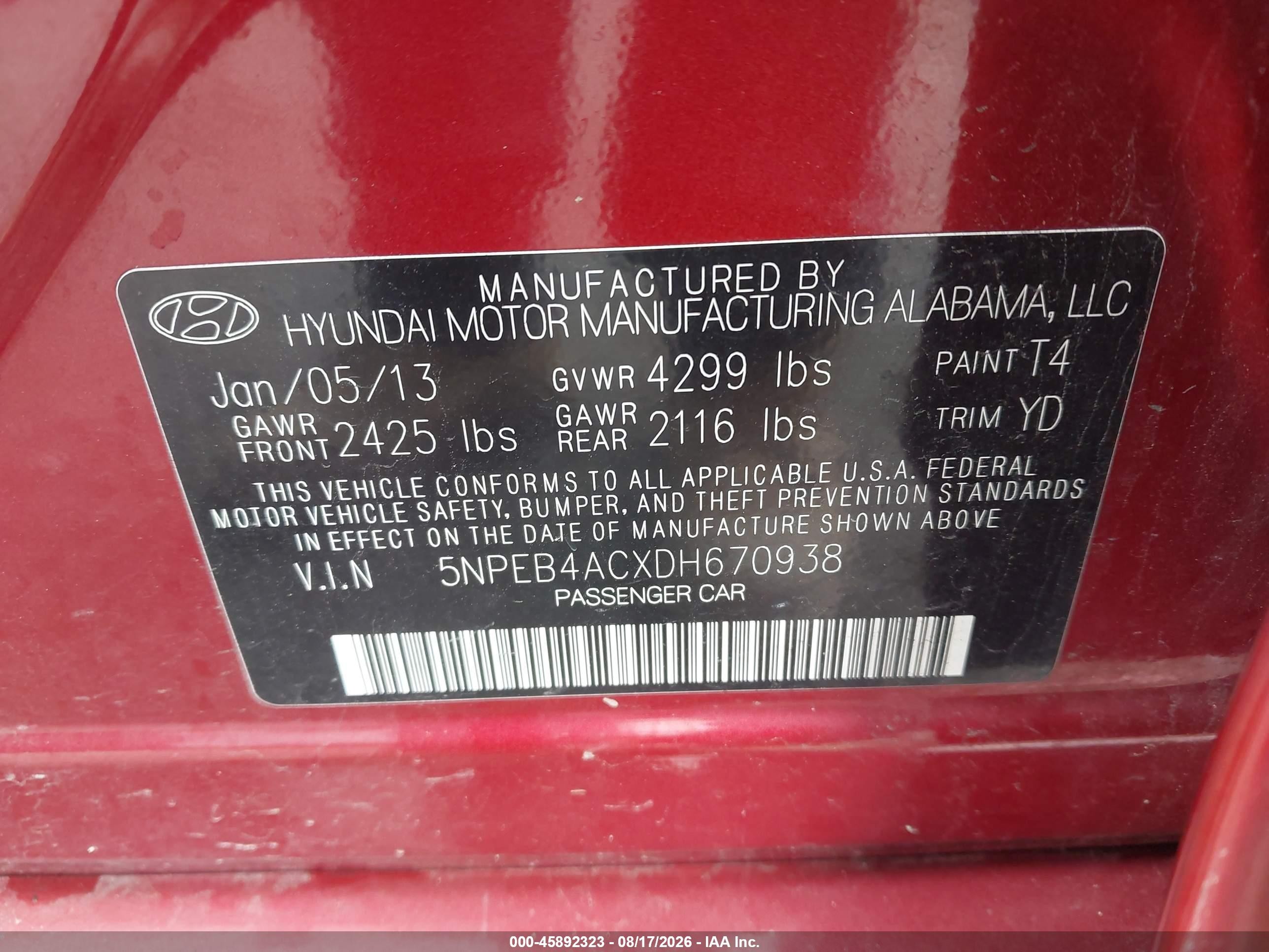 2013 Hyundai Sonata Gls Red vin: 5NPEB4ACXDH670938