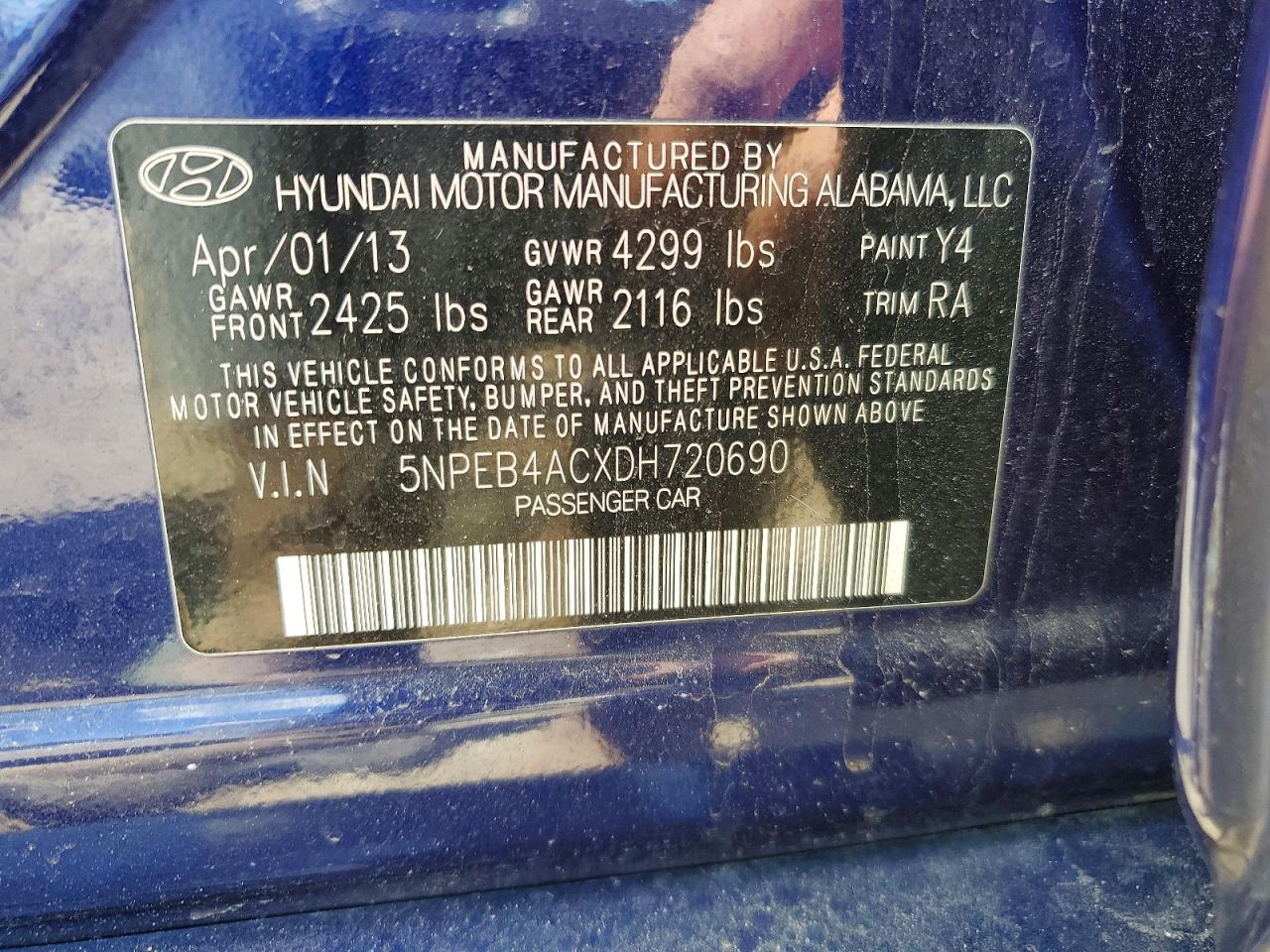 2013 Hyundai Sonata Gls Blue vin: 5NPEB4ACXDH720690