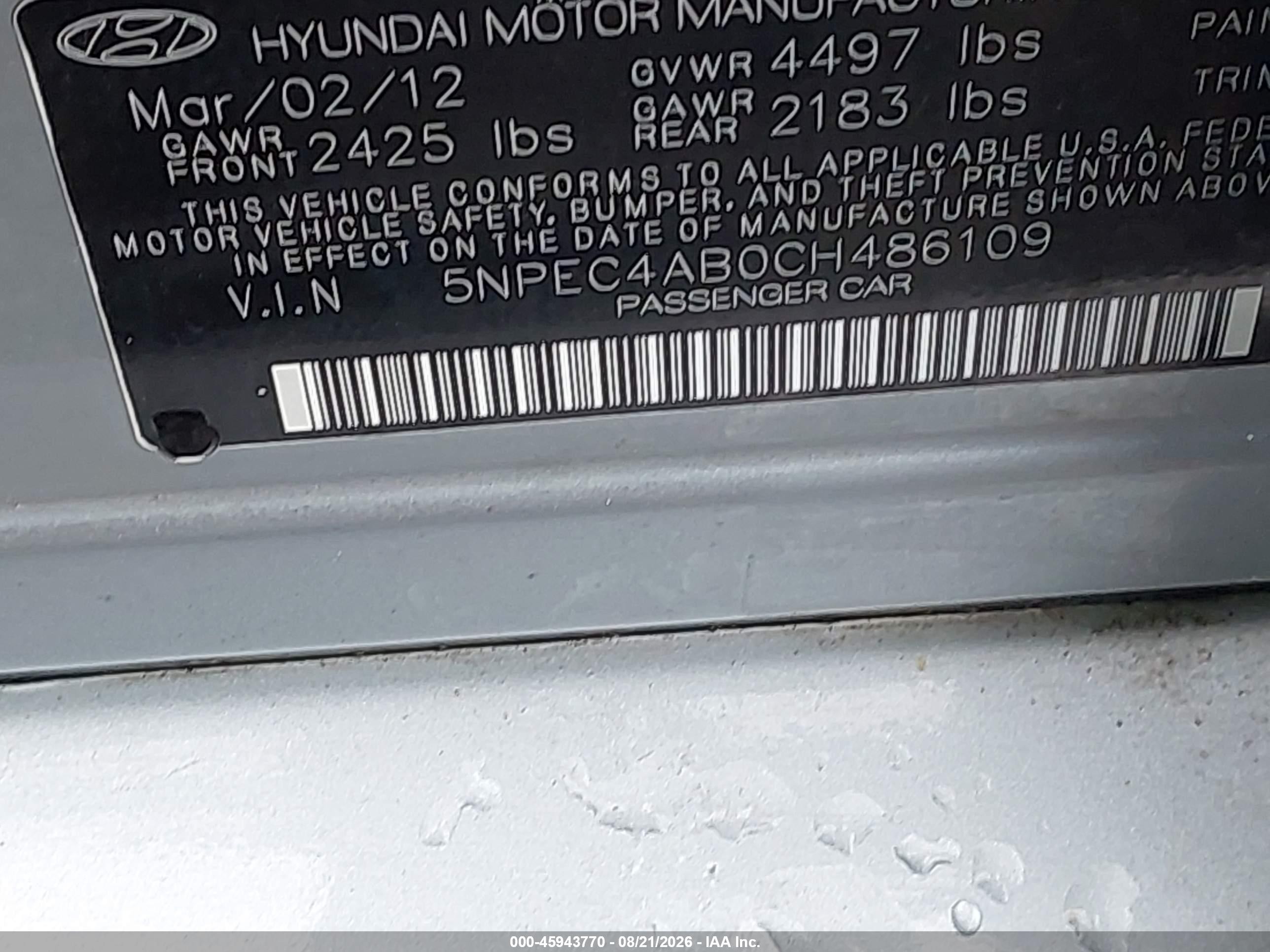 2012 Hyundai Sonata Limited 2.0t Silver vin: 5NPEC4AB0CH486109
