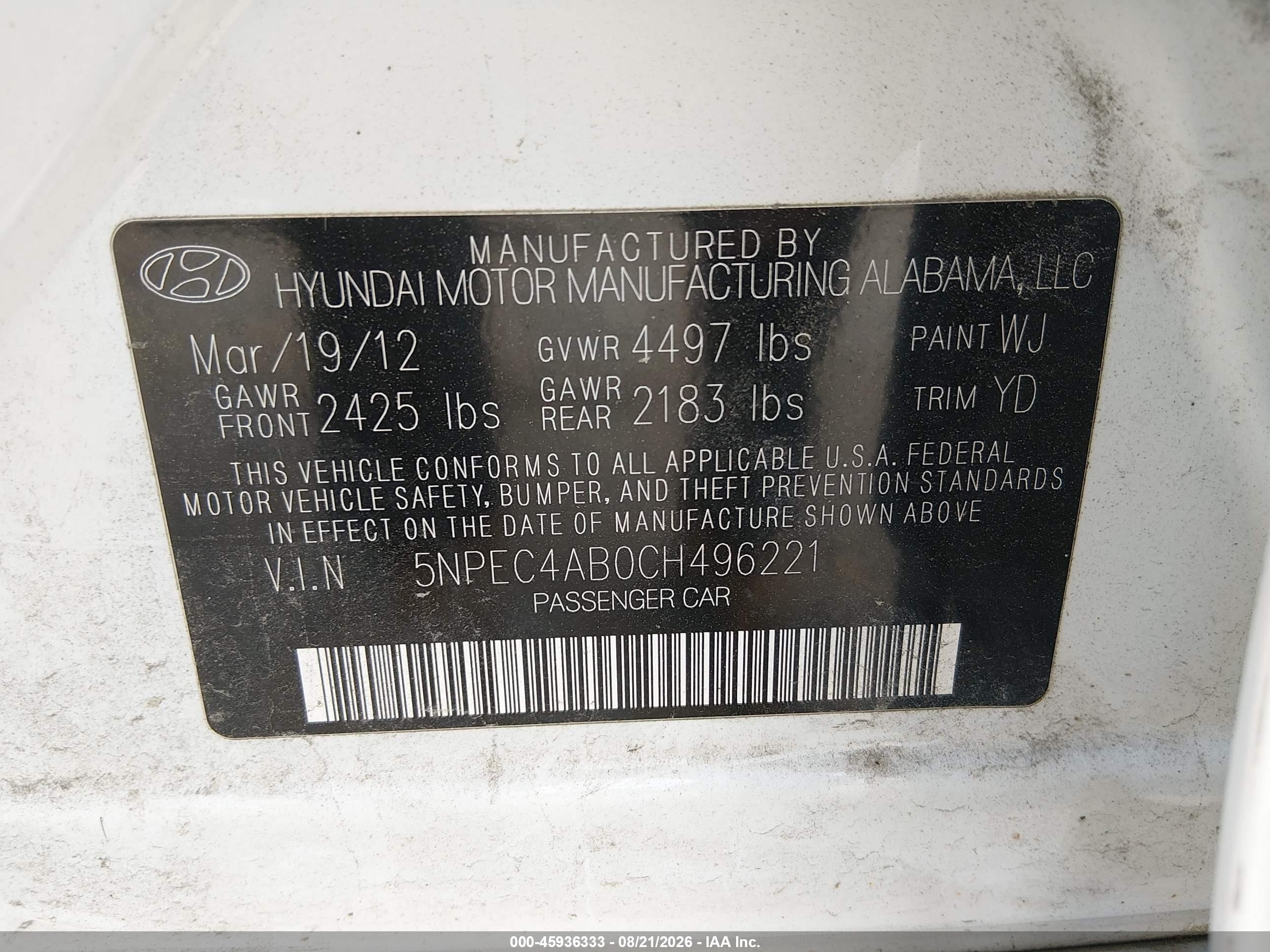 2012 Hyundai Sonata Limited 2.0t White vin: 5NPEC4AB0CH496221