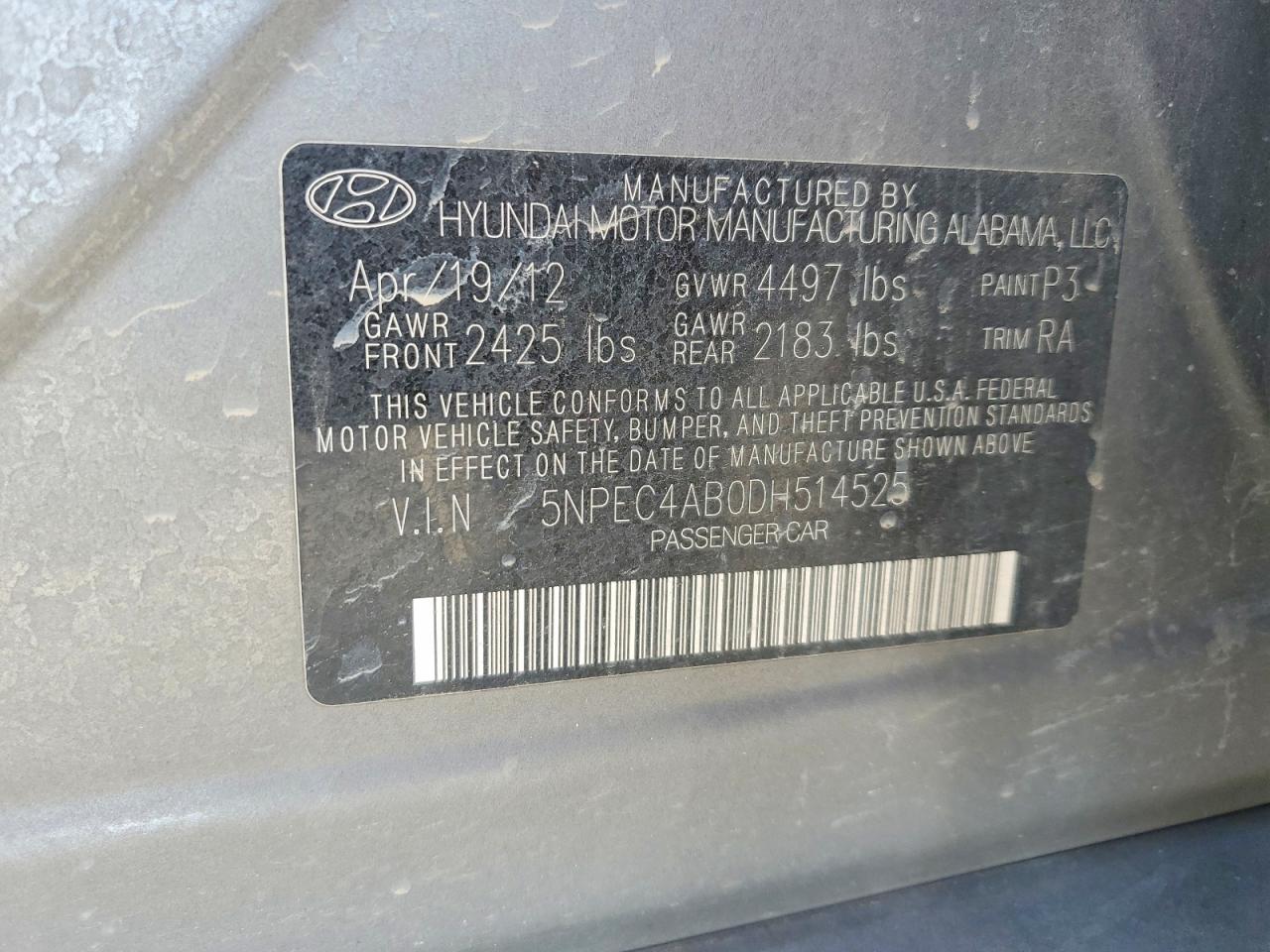 2013 Hyundai Sonata Charcoal vin: 5NPEC4AB0DH514525