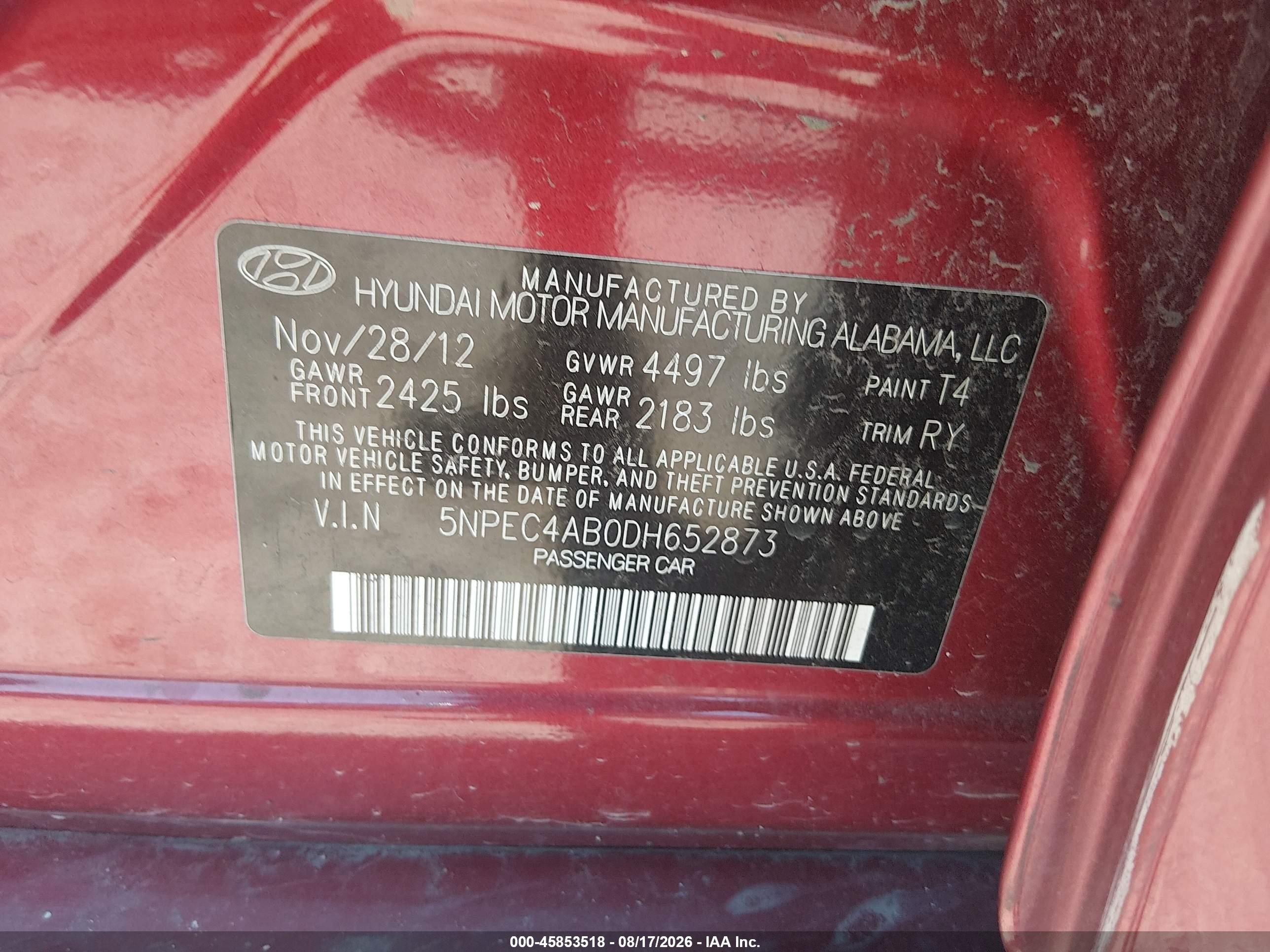 2013 Hyundai Sonata Se 2.0t Red vin: 5NPEC4AB0DH652873