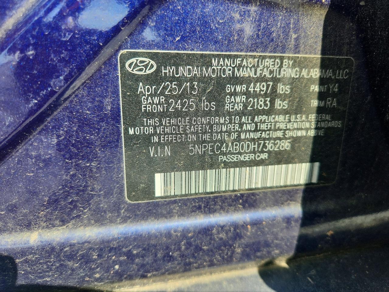 2013 Hyundai Sonata Se 2.0t Blue vin: 5NPEC4AB0DH736286
