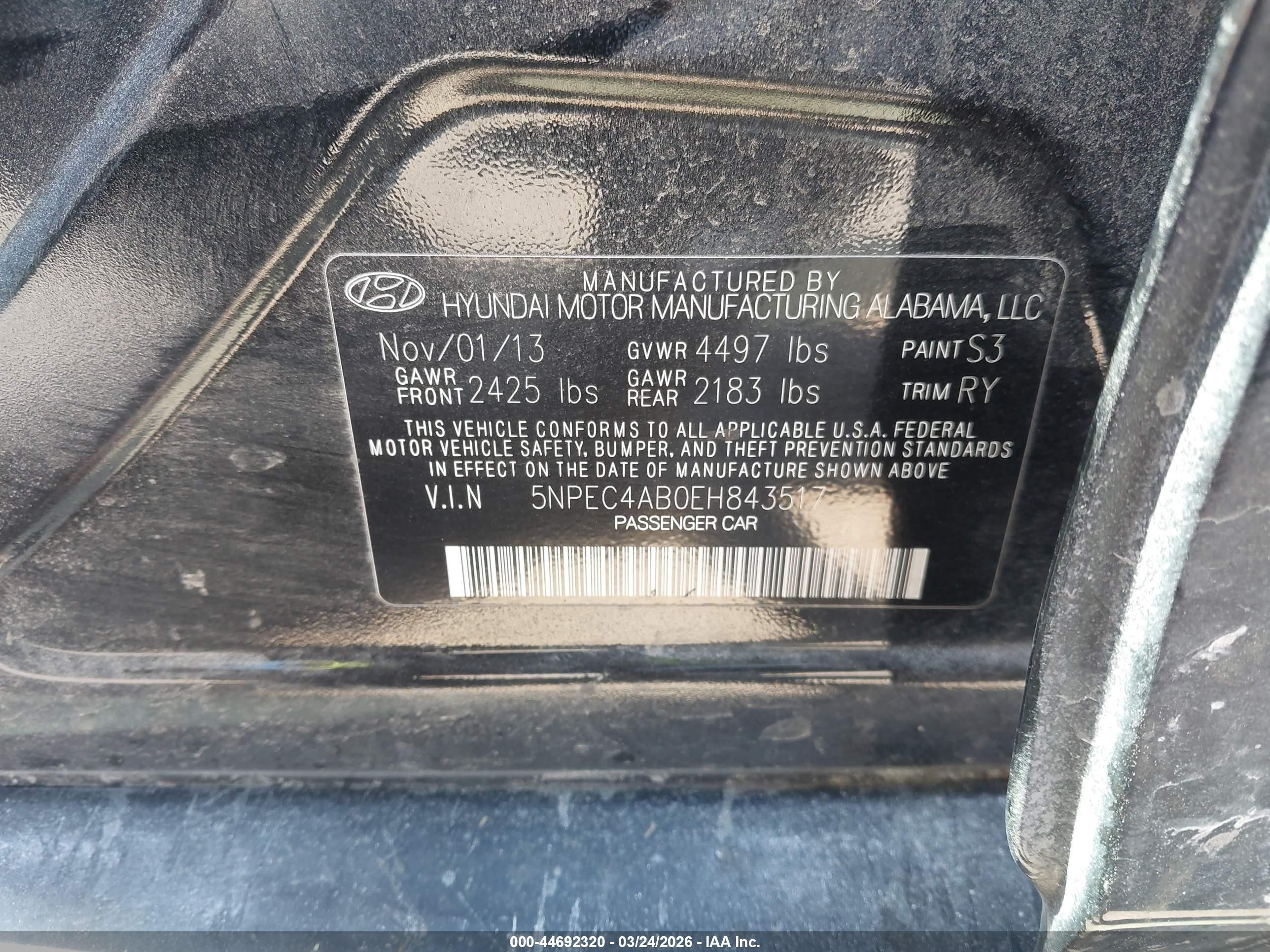 2014 Hyundai Sonata Limited 2.0t Black vin: 5NPEC4AB0EH843517