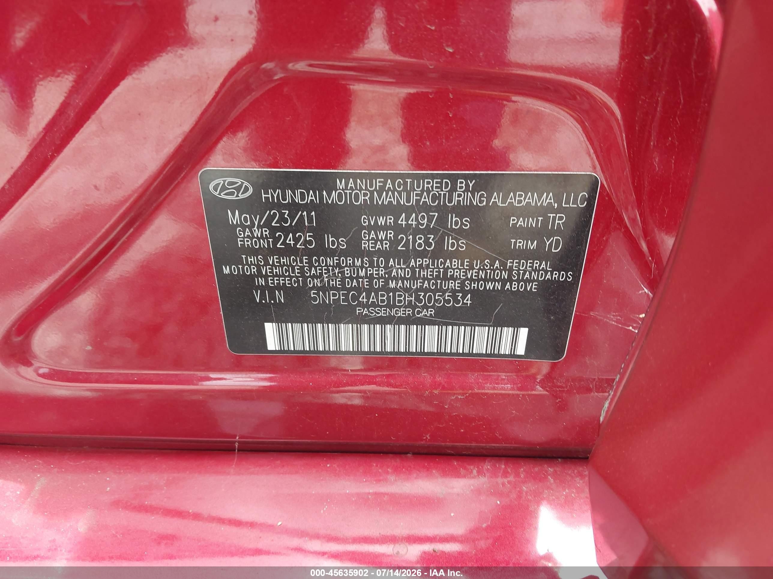 2011 Hyundai Sonata Limited 2.0t Red vin: 5NPEC4AB1BH305534
