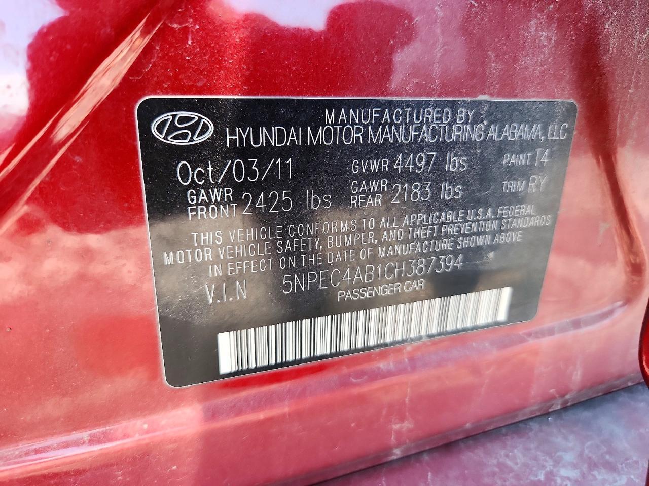 2012 Hyundai Sonata Se 2.0t Burgundy vin: 5NPEC4AB1CH387394