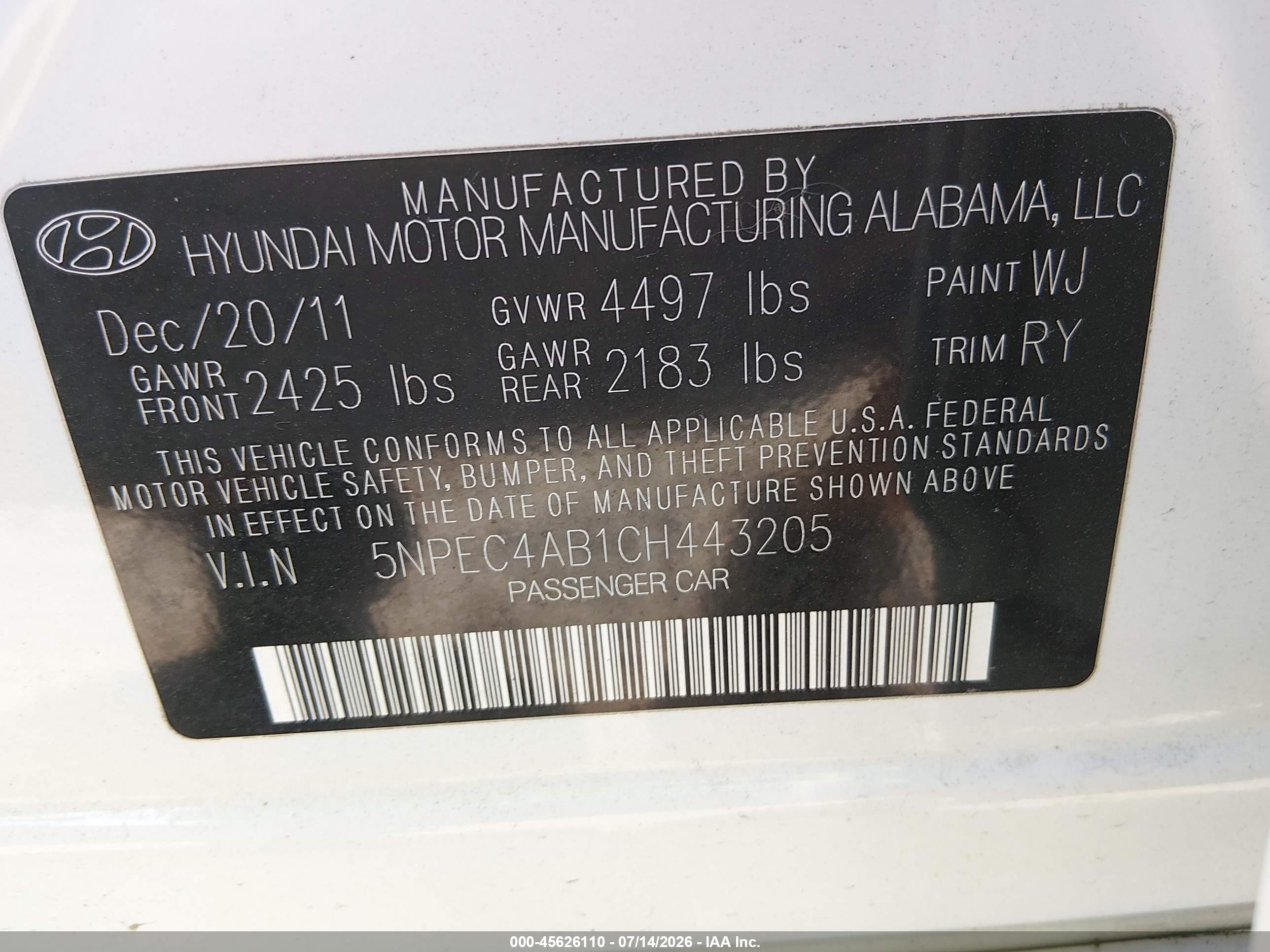 2012 Hyundai Sonata Se 2.0t White vin: 5NPEC4AB1CH443205