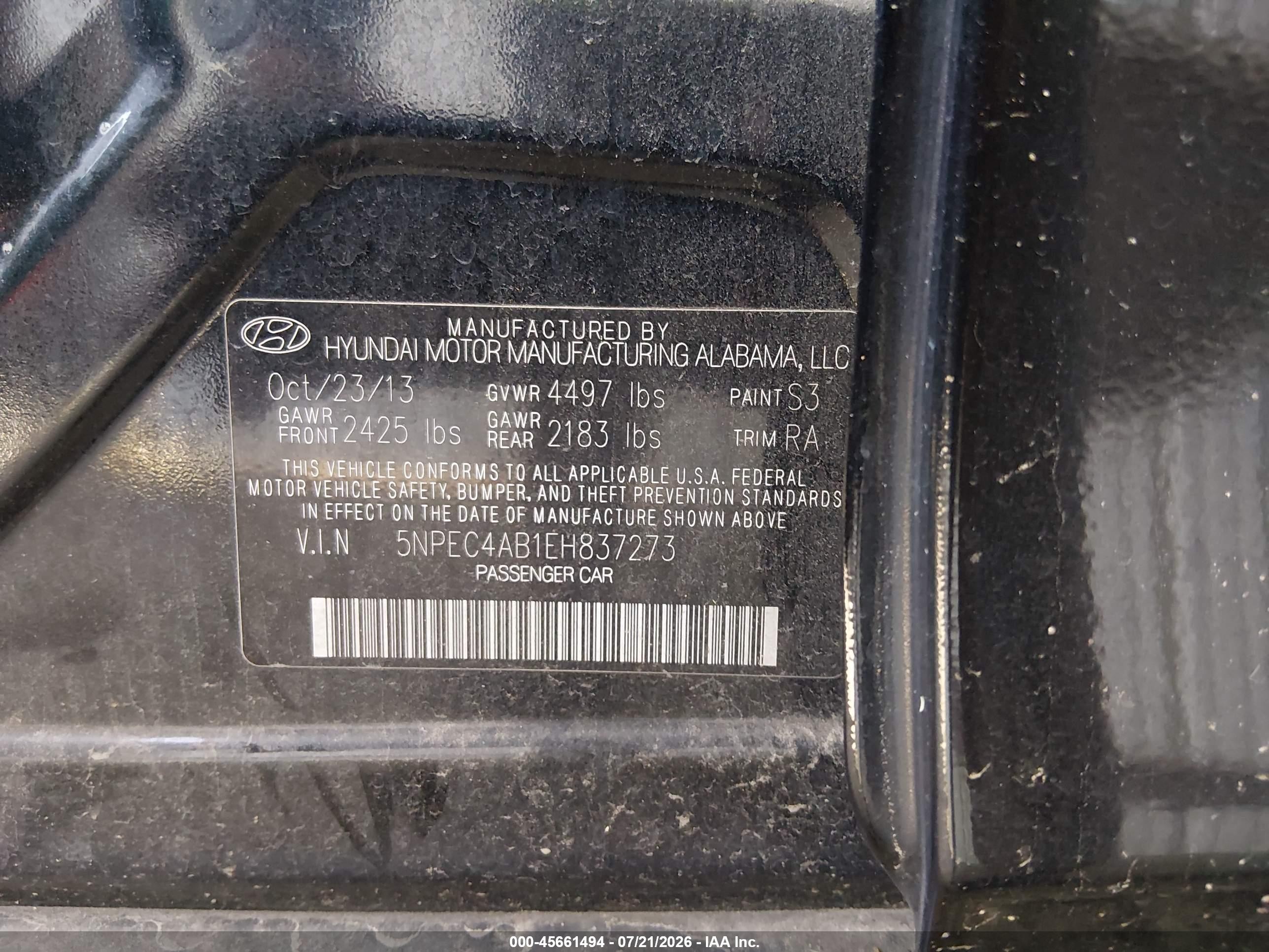 2014 Hyundai Sonata Limited 2.0t Black vin: 5NPEC4AB1EH837273