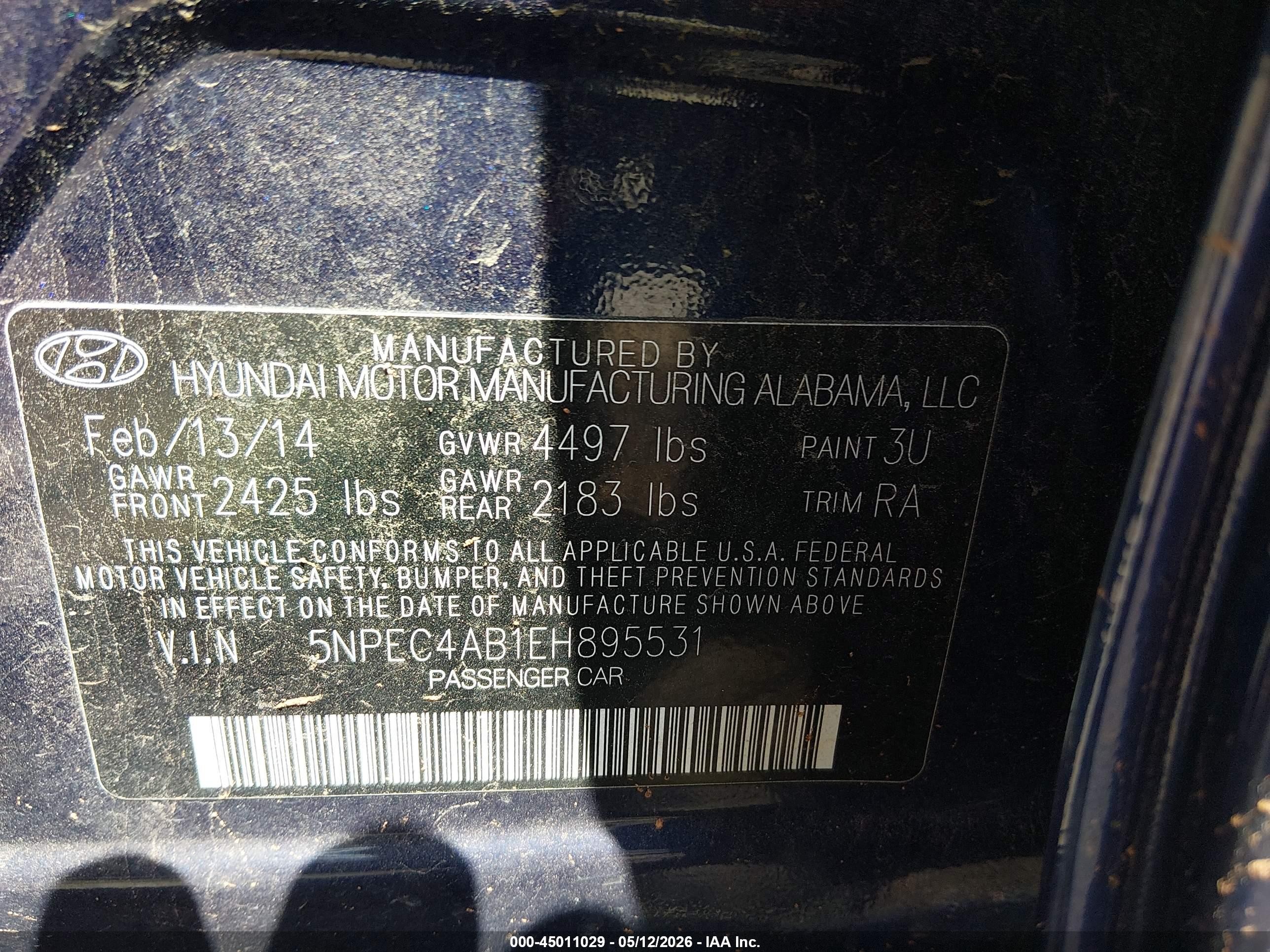 2014 Hyundai Sonata Limited 2.0t Blue vin: 5NPEC4AB1EH895531