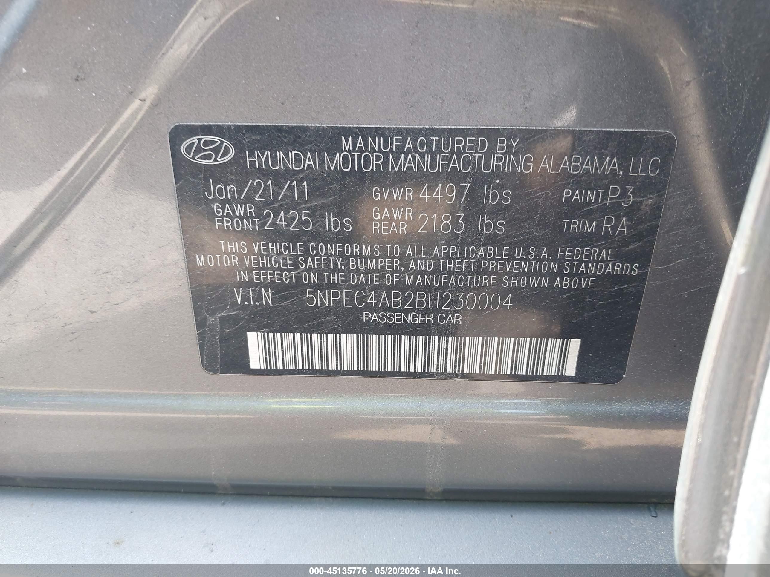 2011 Hyundai Sonata Se 2.0t Gray vin: 5NPEC4AB2BH230004