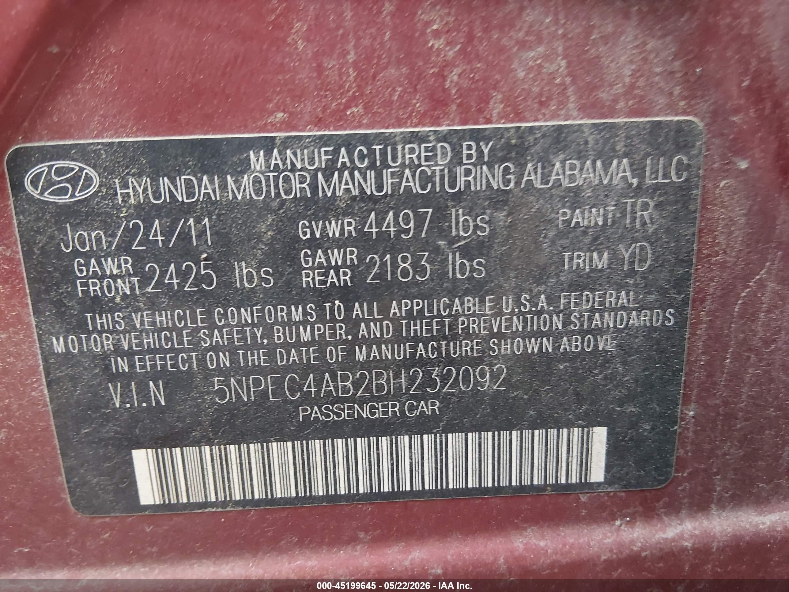 2011 Hyundai Sonata Limited 2.0t Red vin: 5NPEC4AB2BH232092