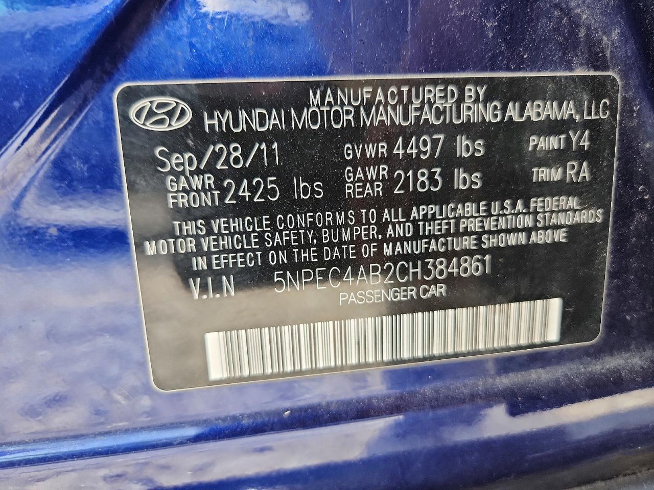 2012 Hyundai Sonata Se 2.0t Blue vin: 5NPEC4AB2CH384861