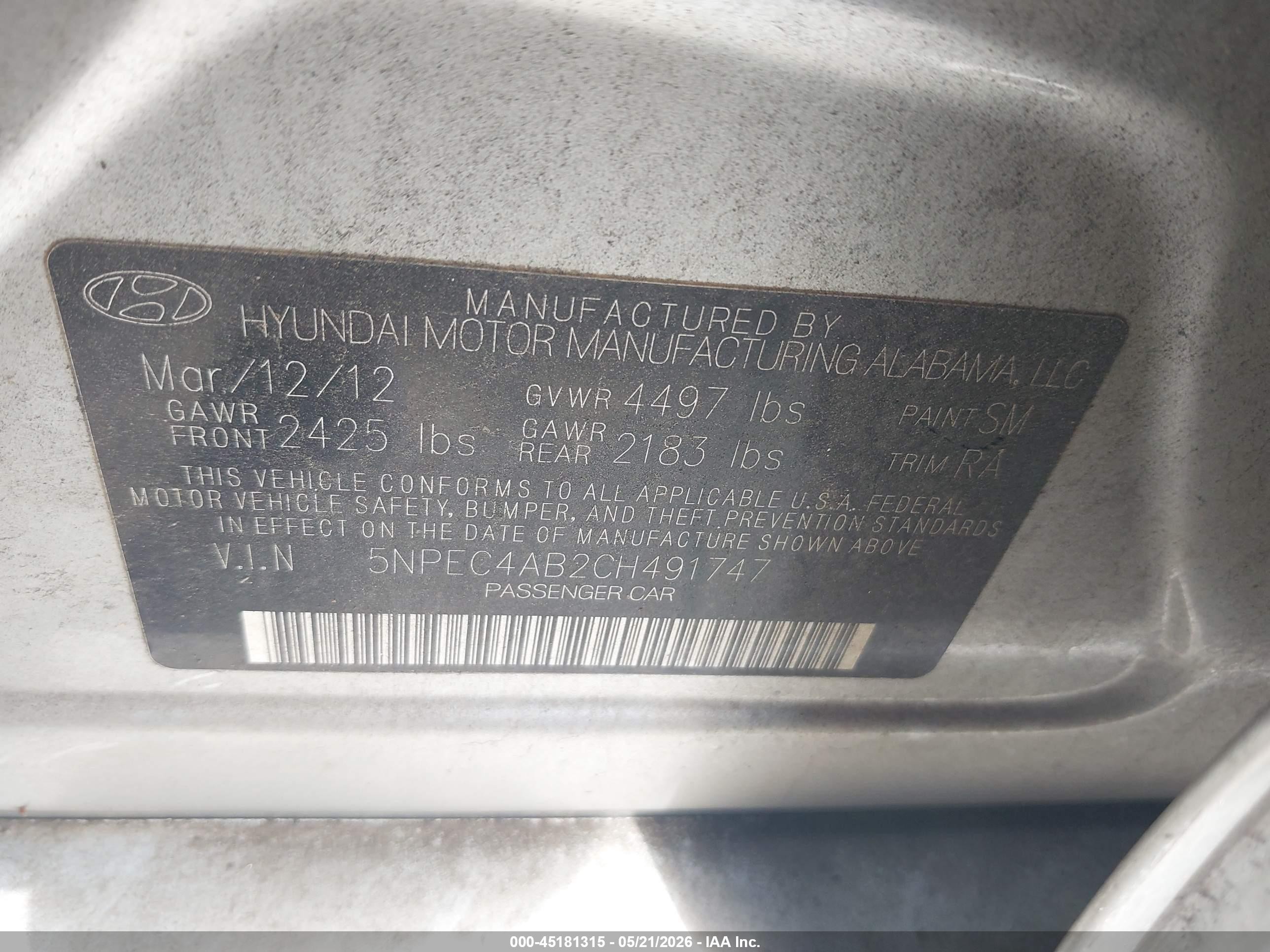 2012 Hyundai Sonata Limited 2.0t Silver vin: 5NPEC4AB2CH491747
