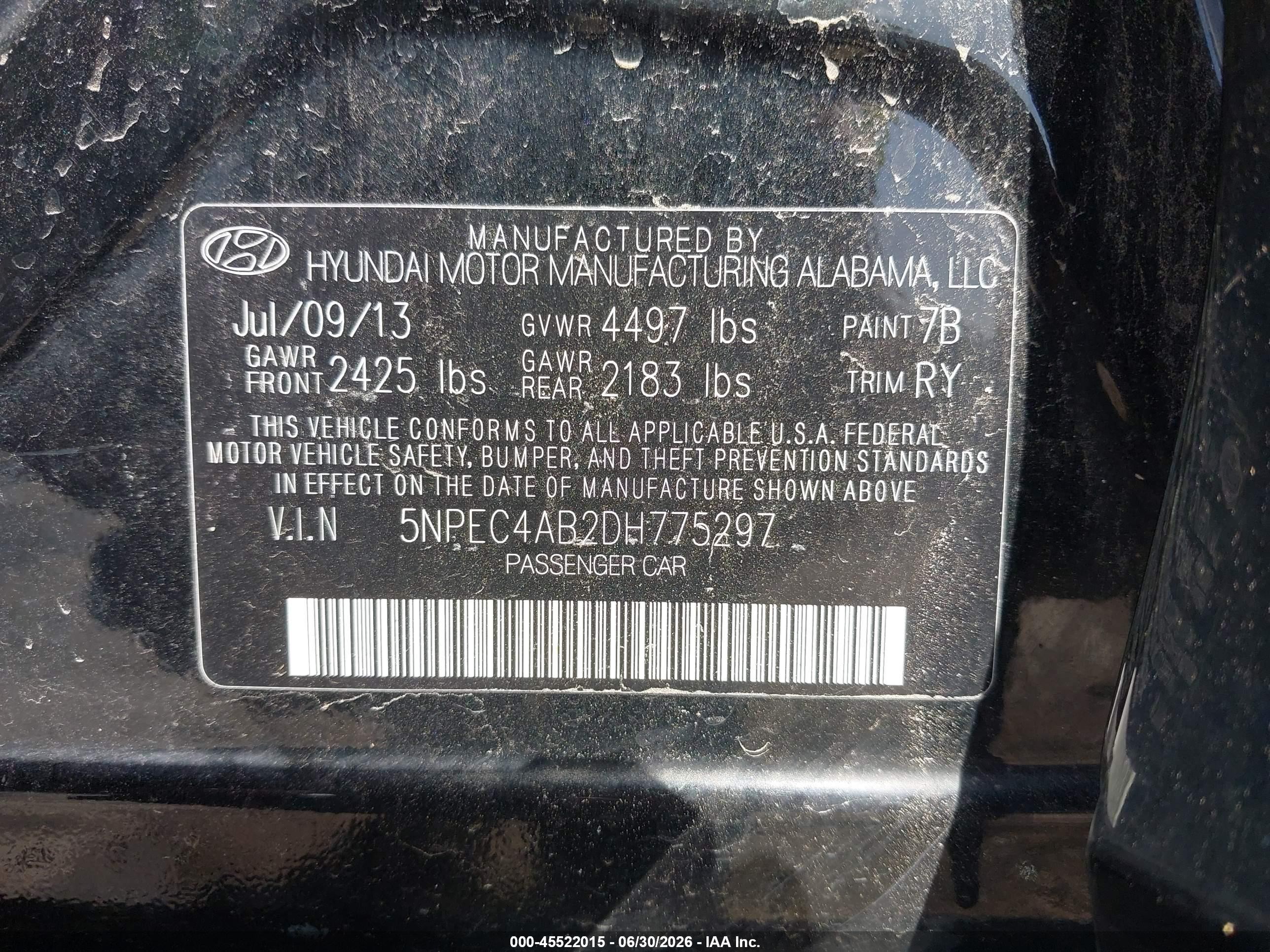 2013 Hyundai Sonata Se 2.0t Black vin: 5NPEC4AB2DH775297
