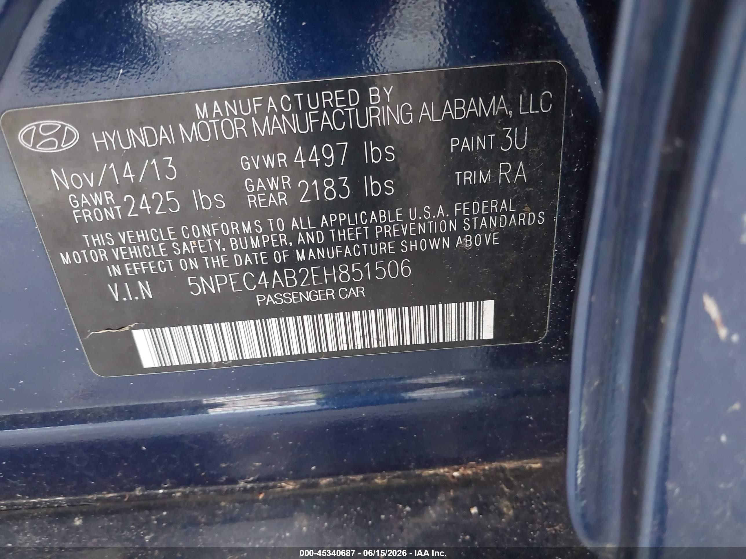 2014 Hyundai Sonata Se 2.0t Blue vin: 5NPEC4AB2EH851506