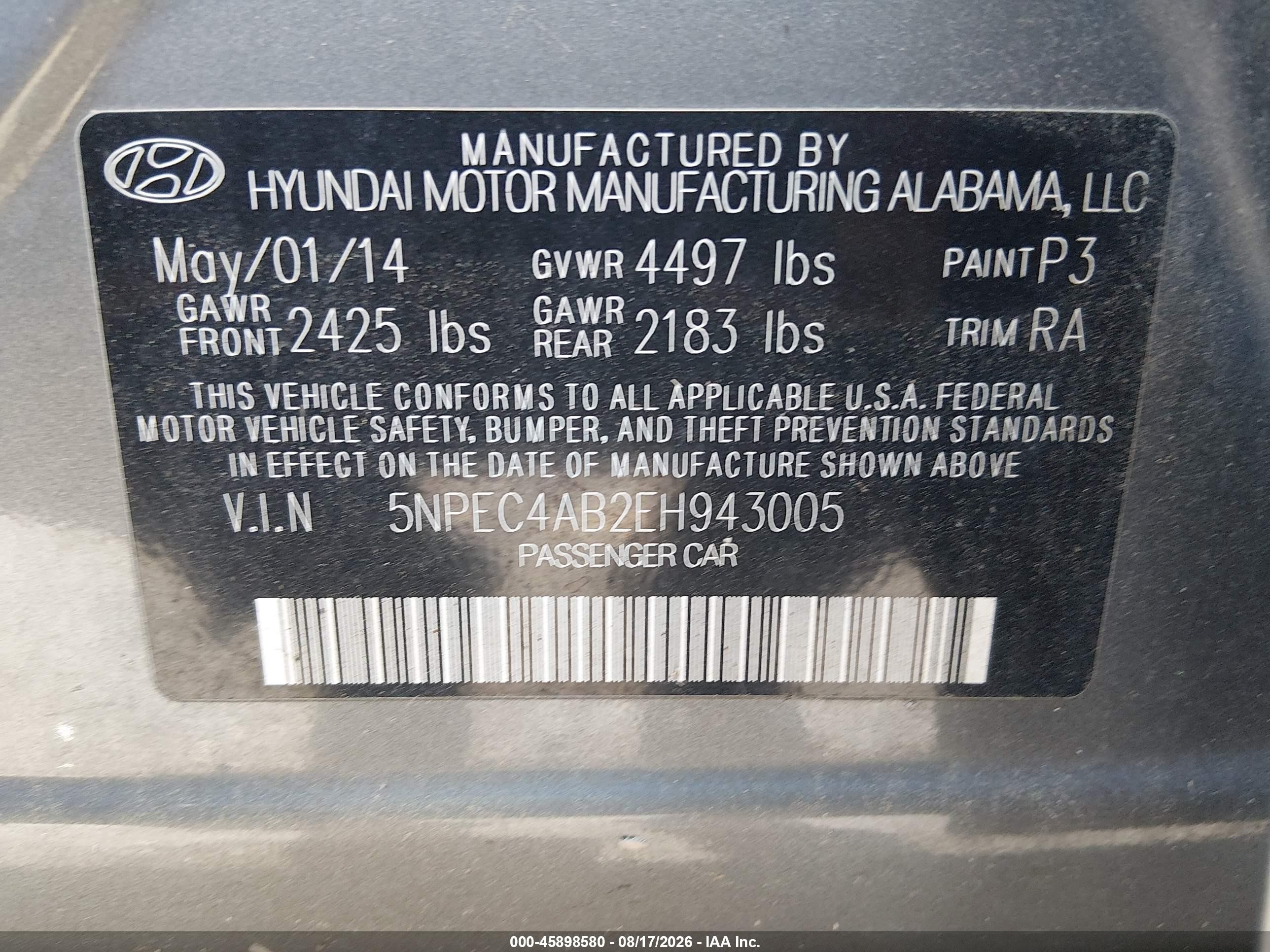 2014 Hyundai Sonata Se 2.0t Gray vin: 5NPEC4AB2EH943005