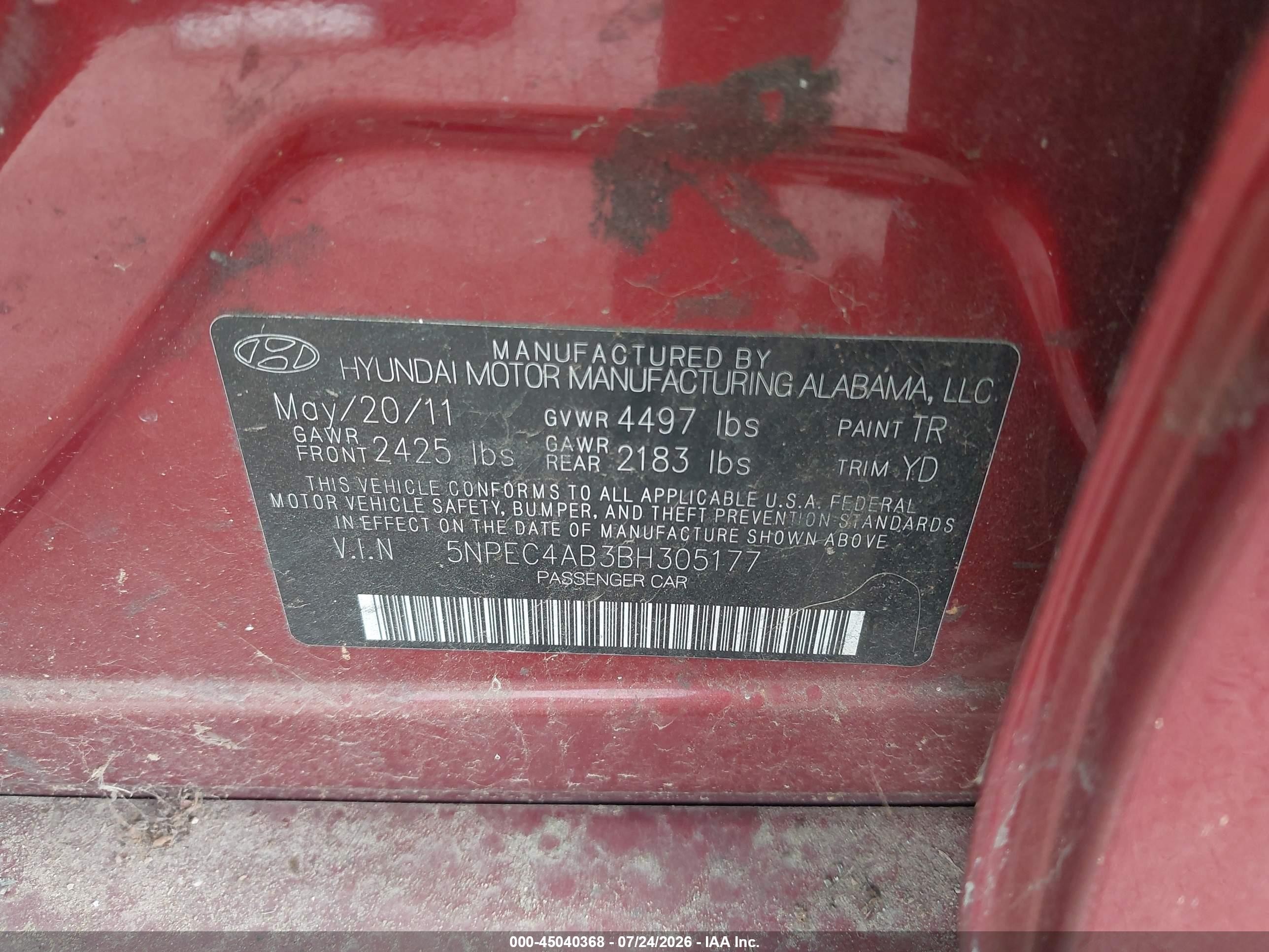 2011 Hyundai Sonata Se/limited Red vin: 5NPEC4AB3BH305177