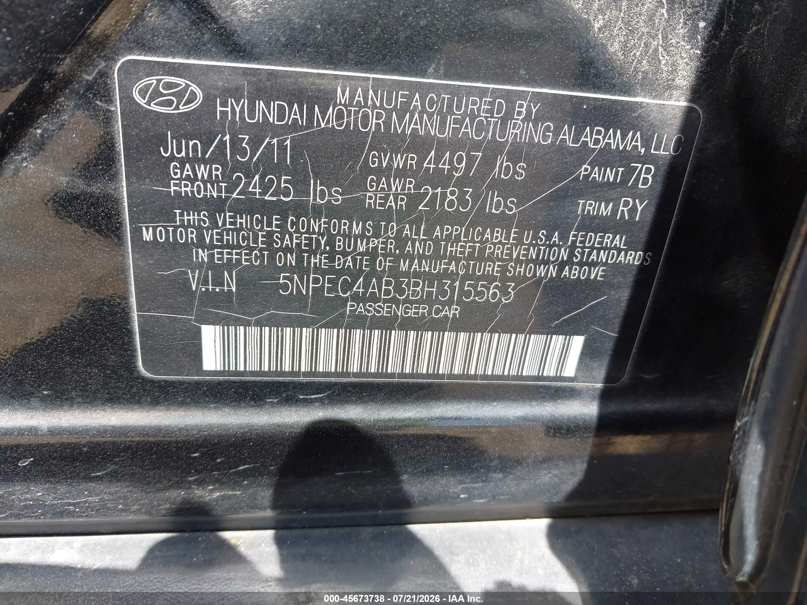 2011 Hyundai Sonata Se 2.0t Black vin: 5NPEC4AB3BH315563