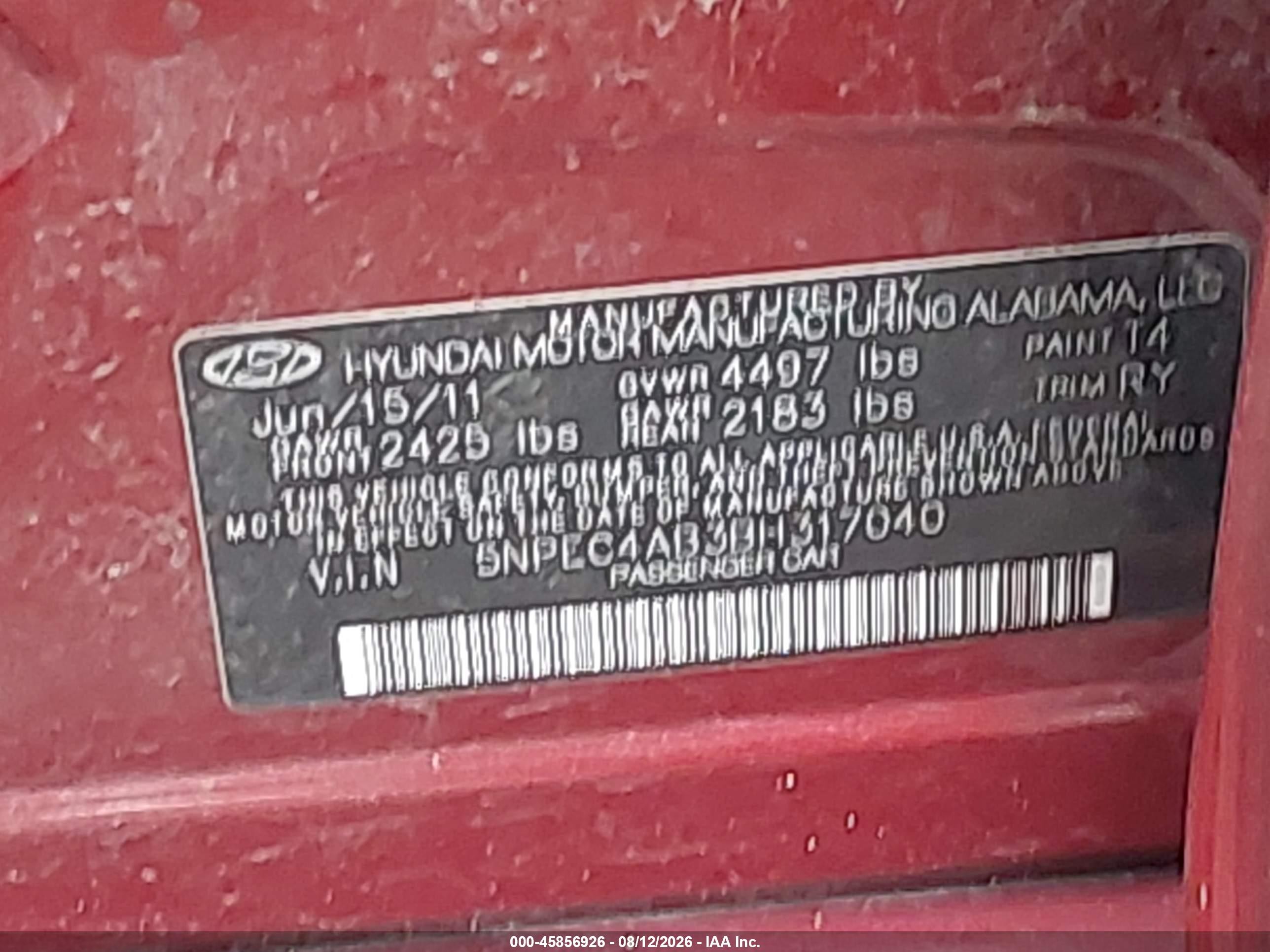 2011 Hyundai Sonata Se 2.0t Red vin: 5NPEC4AB3BH317040