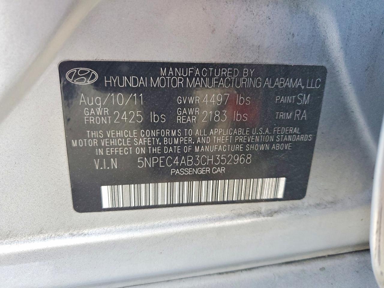 2012 Hyundai Sonata Se 2.0t Silver vin: 5NPEC4AB3CH352968
