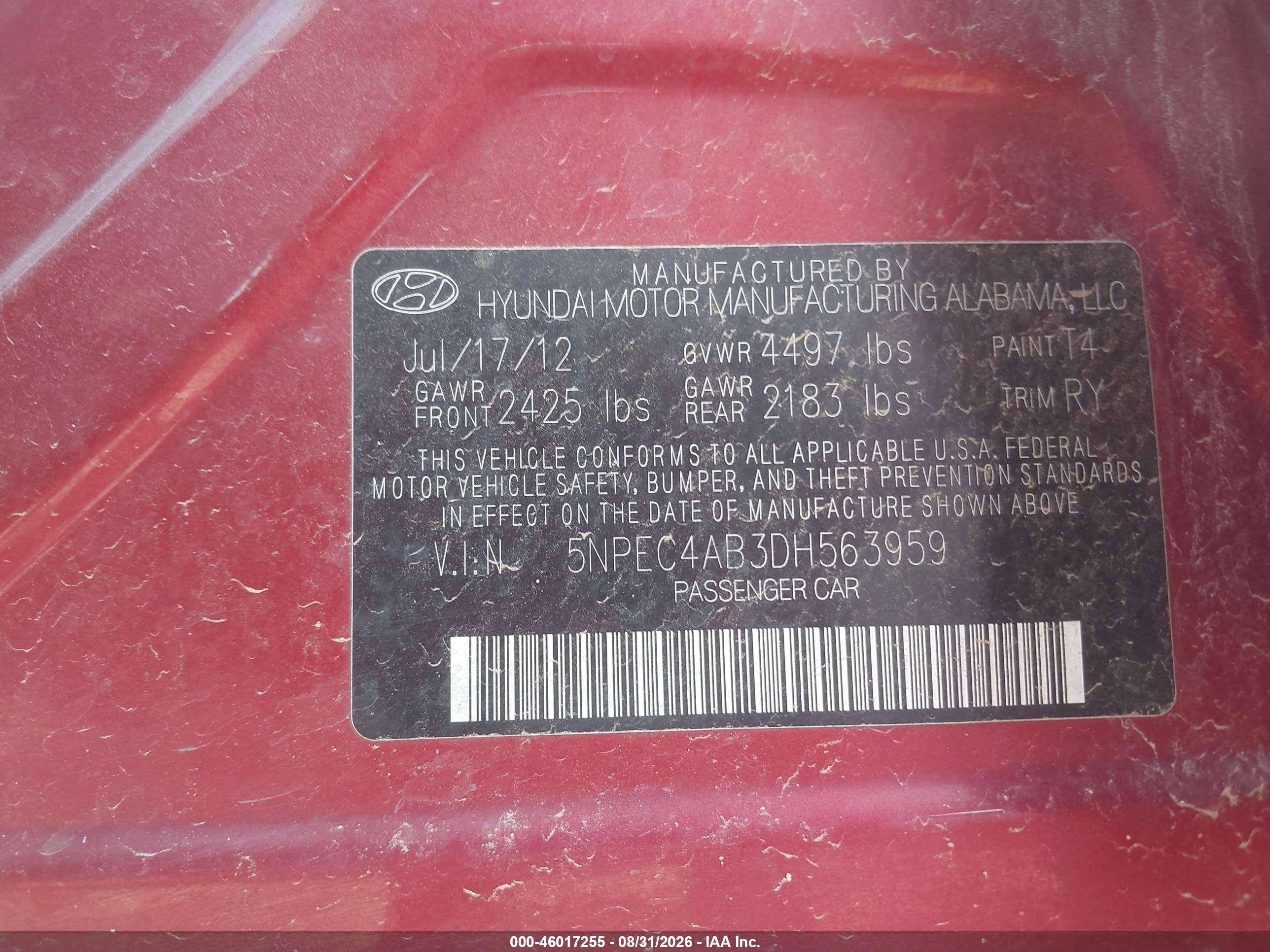 2013 Hyundai Sonata Se 2.0t Burgundy vin: 5NPEC4AB3DH563959