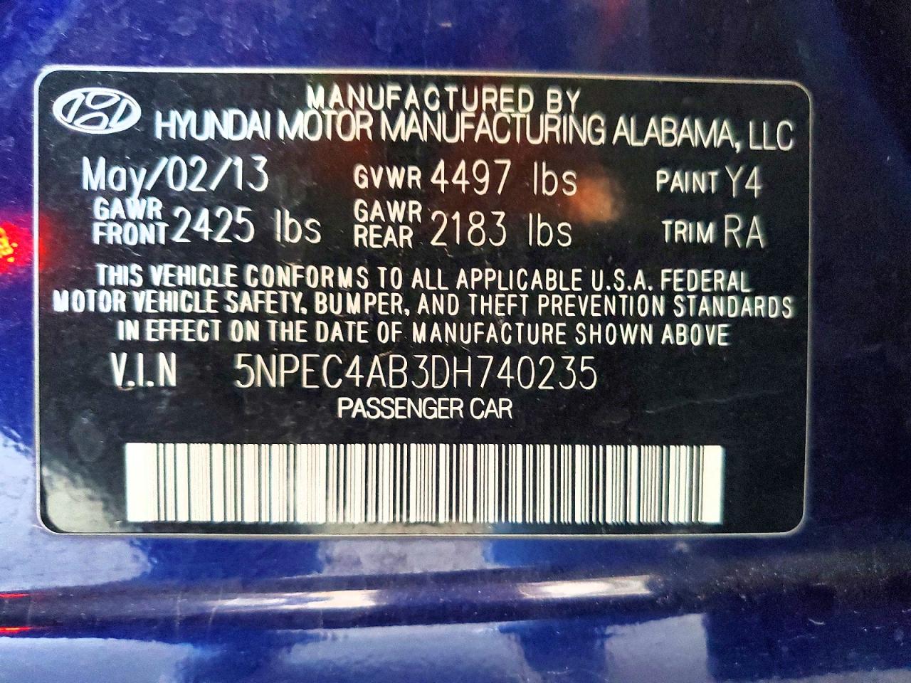 2013 Hyundai Sonata Se 2.0t Blue vin: 5NPEC4AB3DH740235