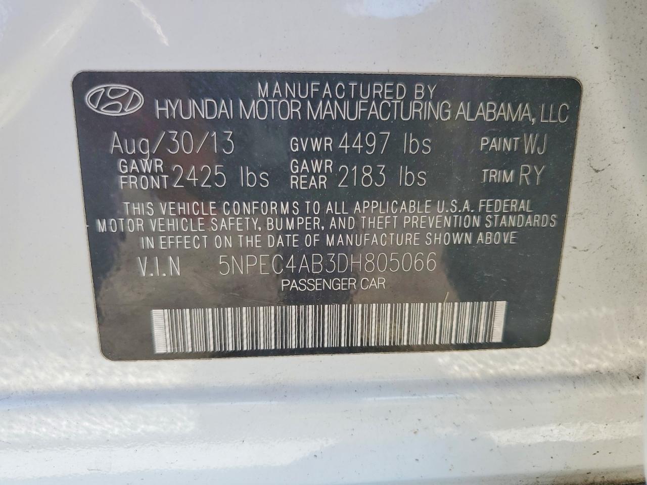 2013 Hyundai Sonata Se 2.0t White vin: 5NPEC4AB3DH805066