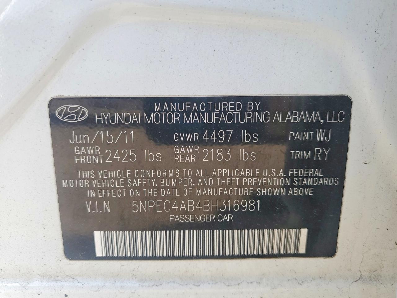 2011 Hyundai Sonata Se 2.0t White vin: 5NPEC4AB4BH316981