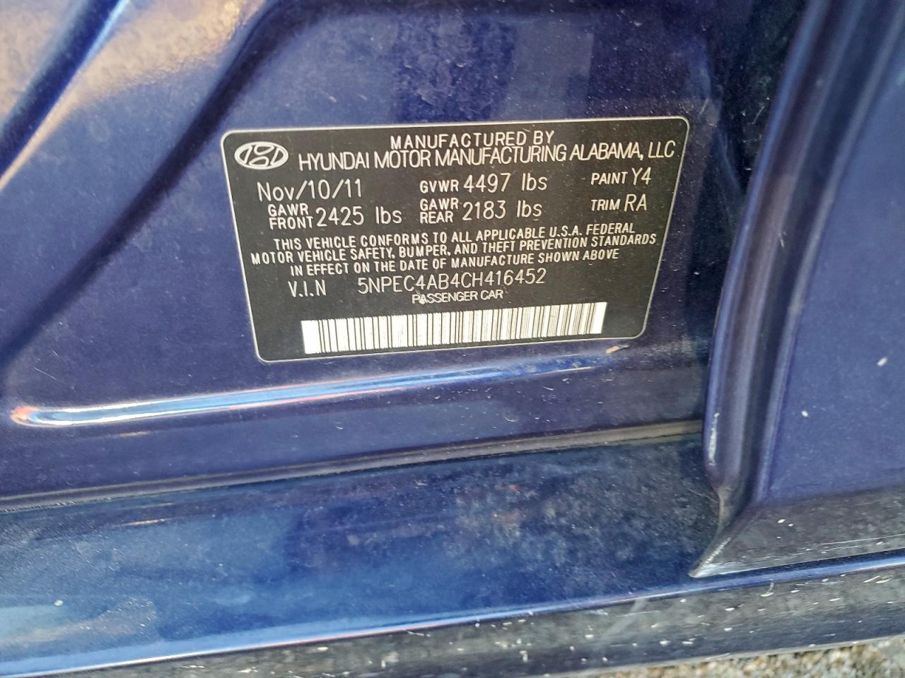 2012 Hyundai Sonata Se Blue vin: 5NPEC4AB4CH416452