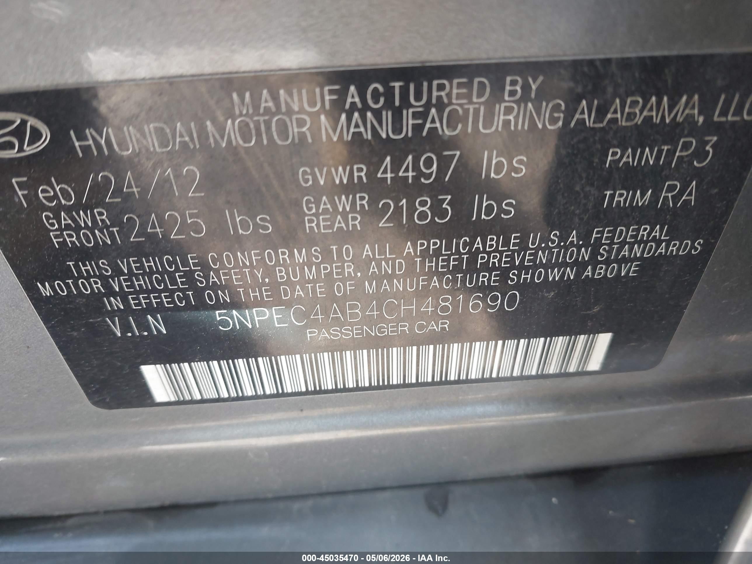 2012 Hyundai Sonata Se 2.0t Gray vin: 5NPEC4AB4CH481690