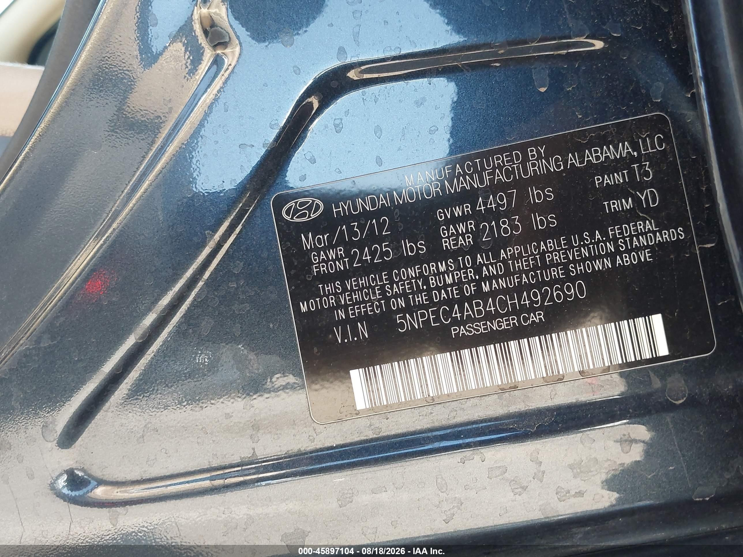 2012 Hyundai Sonata Limited 2.0t Blue vin: 5NPEC4AB4CH492690