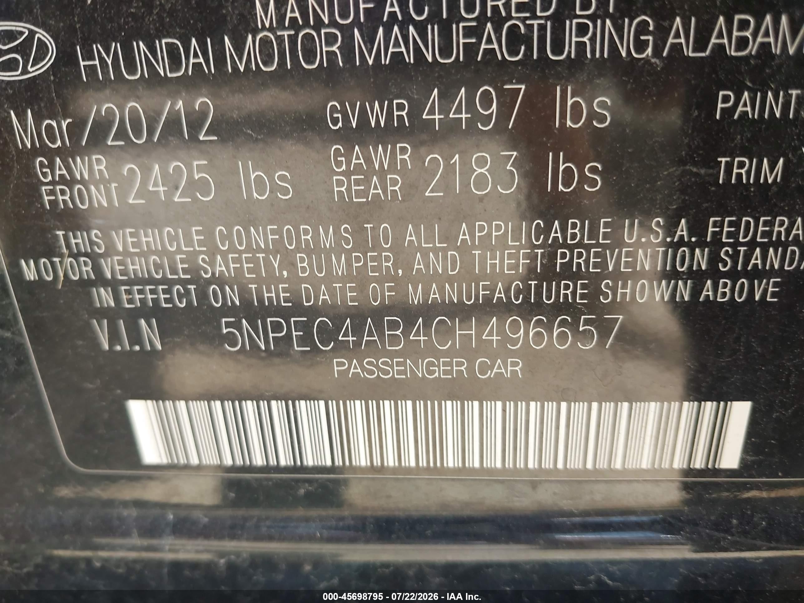 2012 Hyundai Sonata Limited 2.0t Black vin: 5NPEC4AB4CH496657