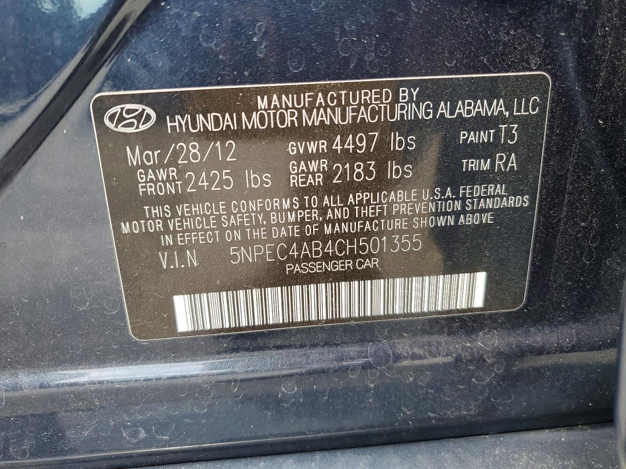 2012 Hyundai Sonata Se 2.0t Blue vin: 5NPEC4AB4CH501355