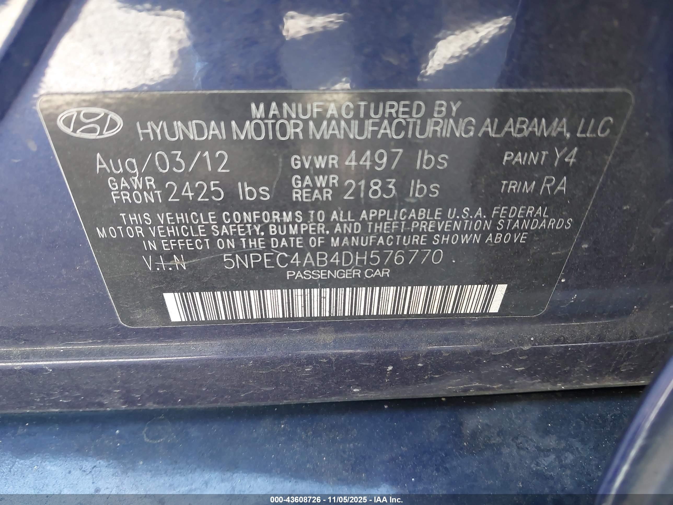 2013 Hyundai Sonata Limited 2.0t Blue vin: 5NPEC4AB4DH576770