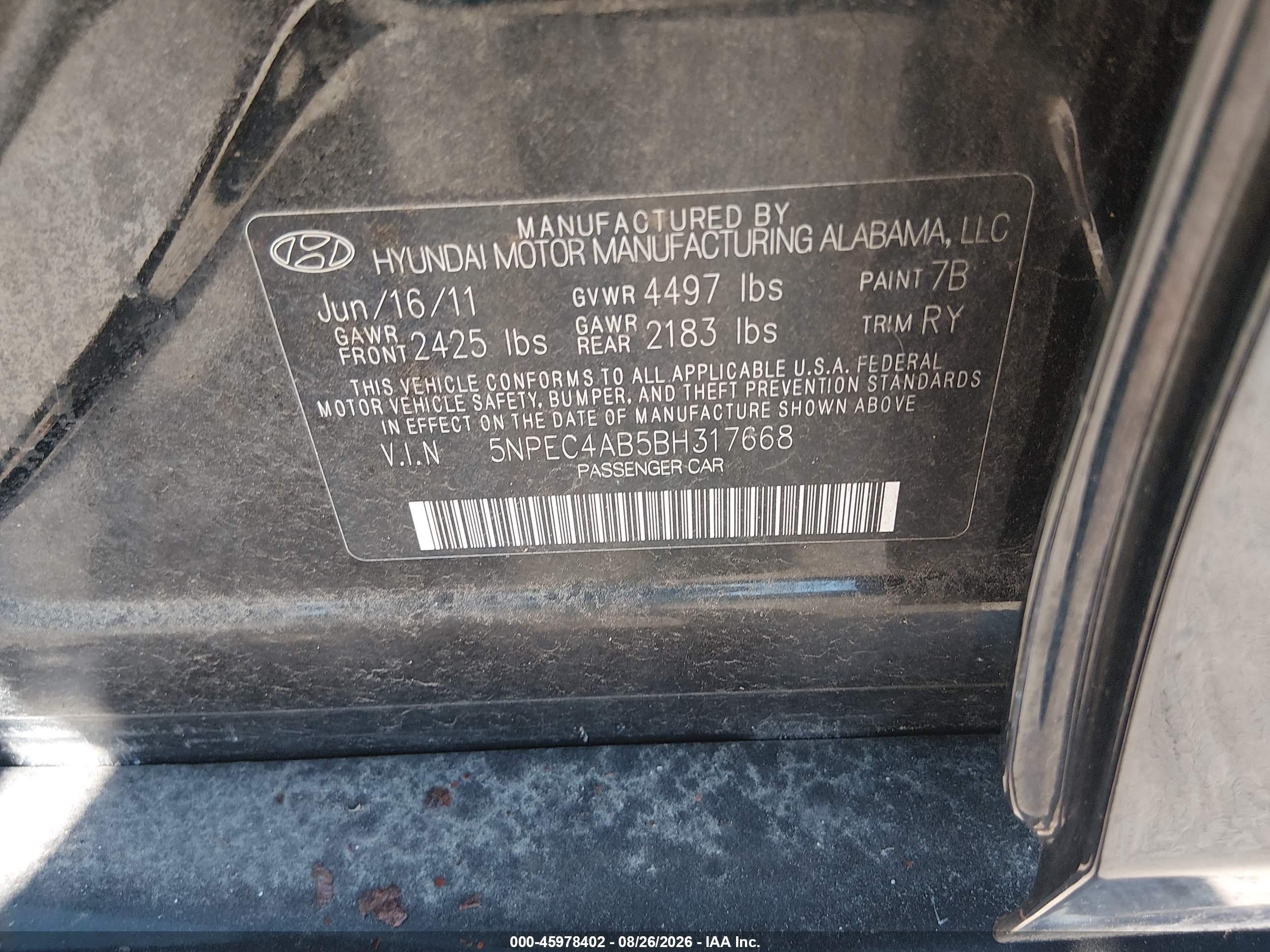 2011 Hyundai Sonata Se 2.0t Черный vin: 5NPEC4AB5BH317668
