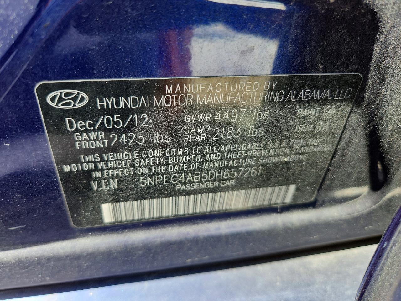 2013 Hyundai Sonata Limited 2.0t Blue vin: 5NPEC4AB5DH657261