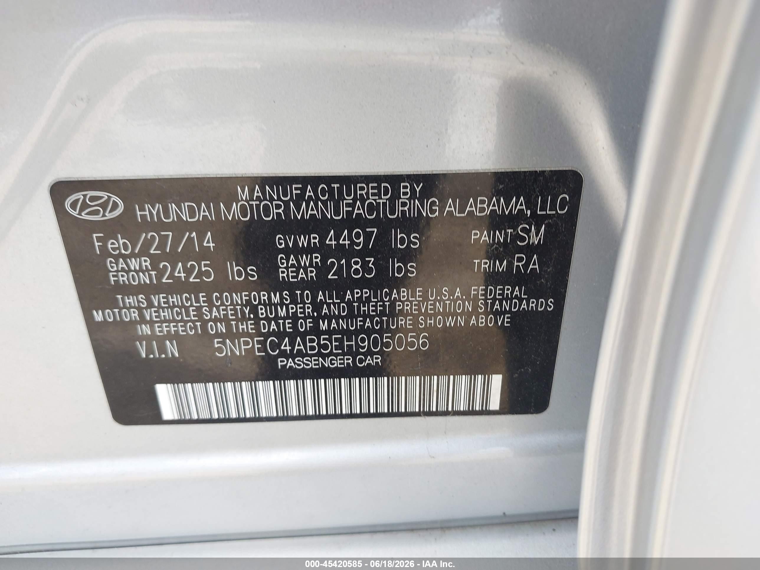 2014 Hyundai Sonata Limited 2.0t Silver vin: 5NPEC4AB5EH905056