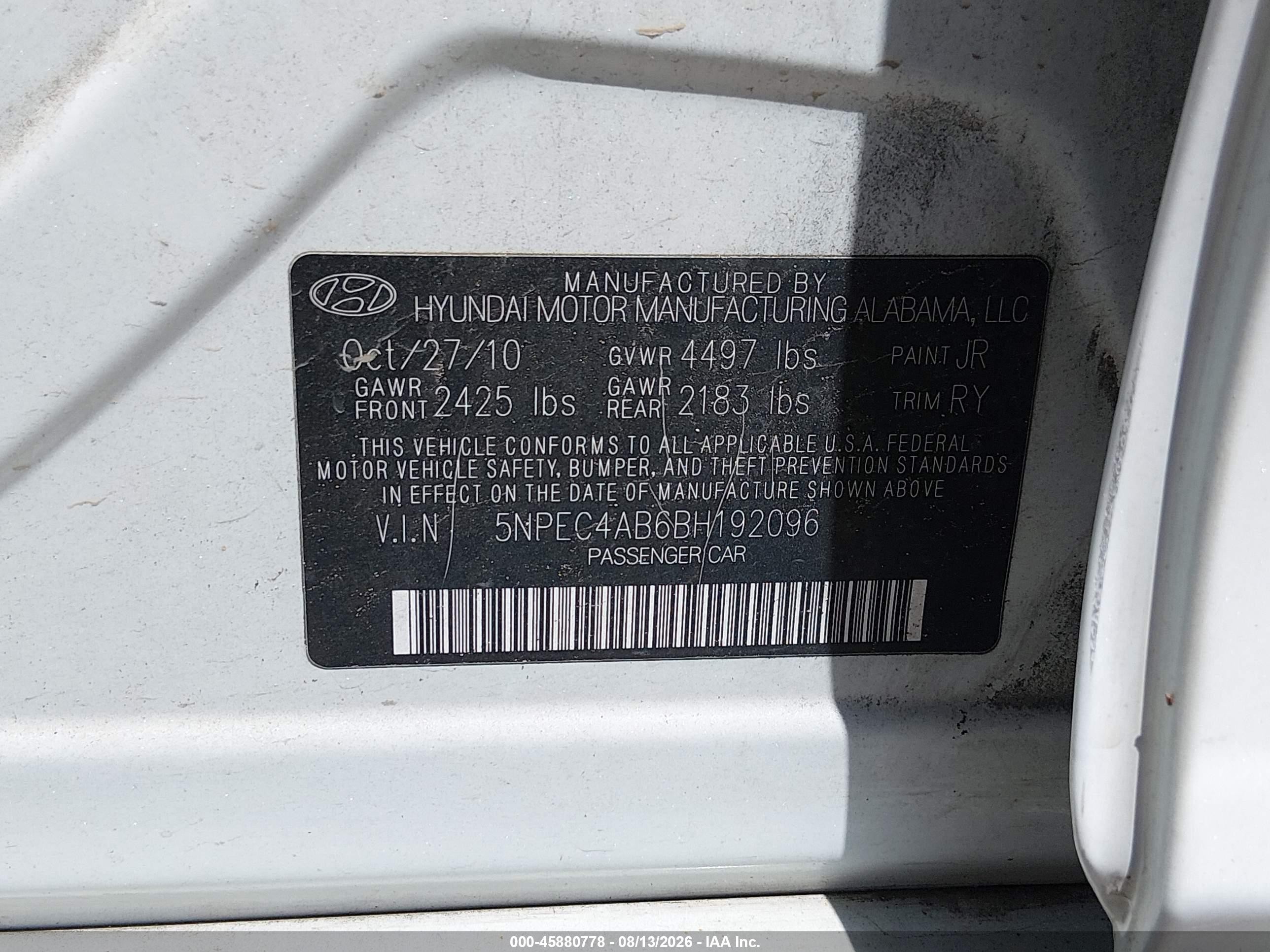 2011 Hyundai Sonata Se 2.0t White vin: 5NPEC4AB6BH192096