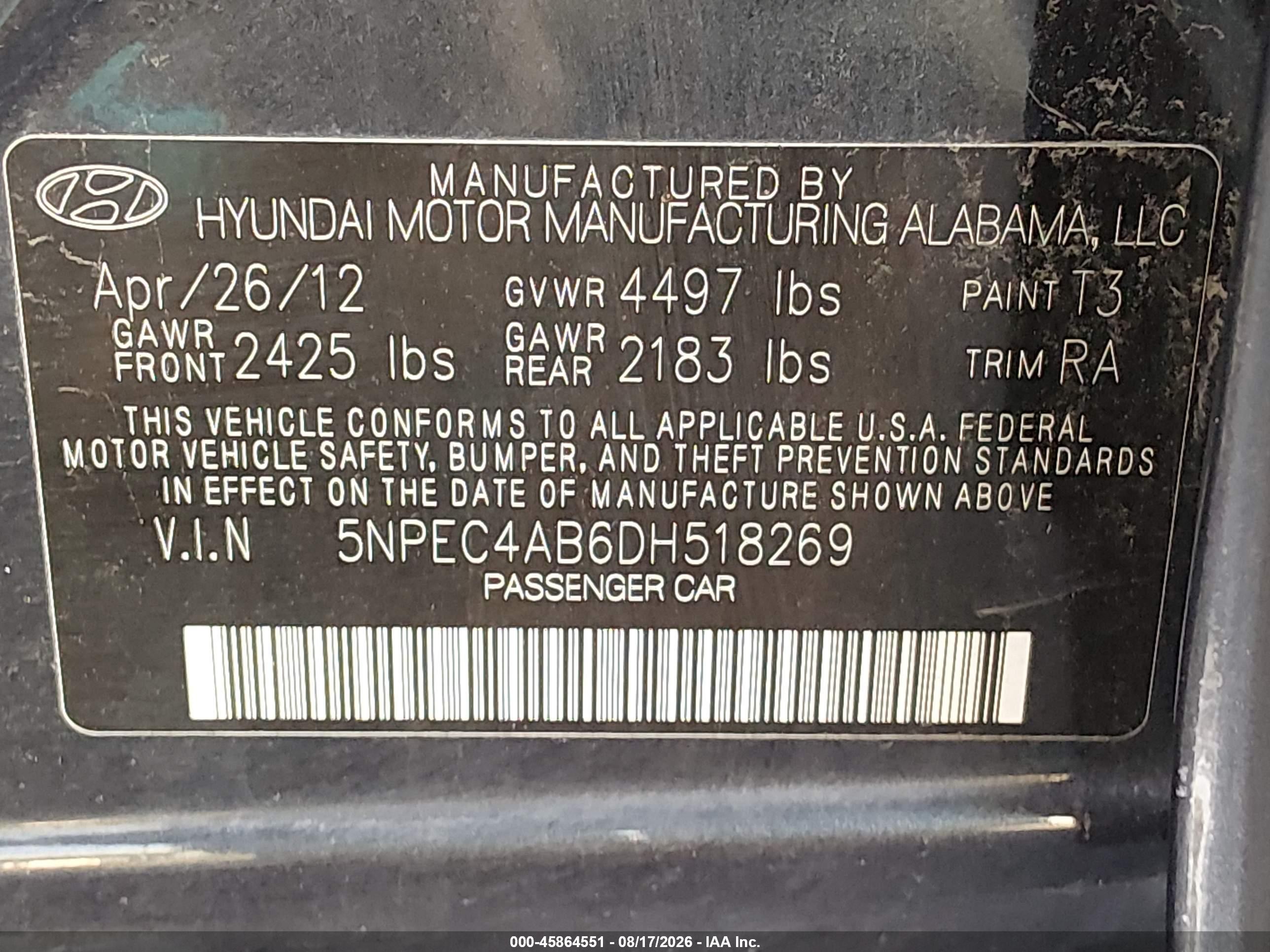 2013 Hyundai Sonata Limited 2.0t Blue vin: 5NPEC4AB6DH518269